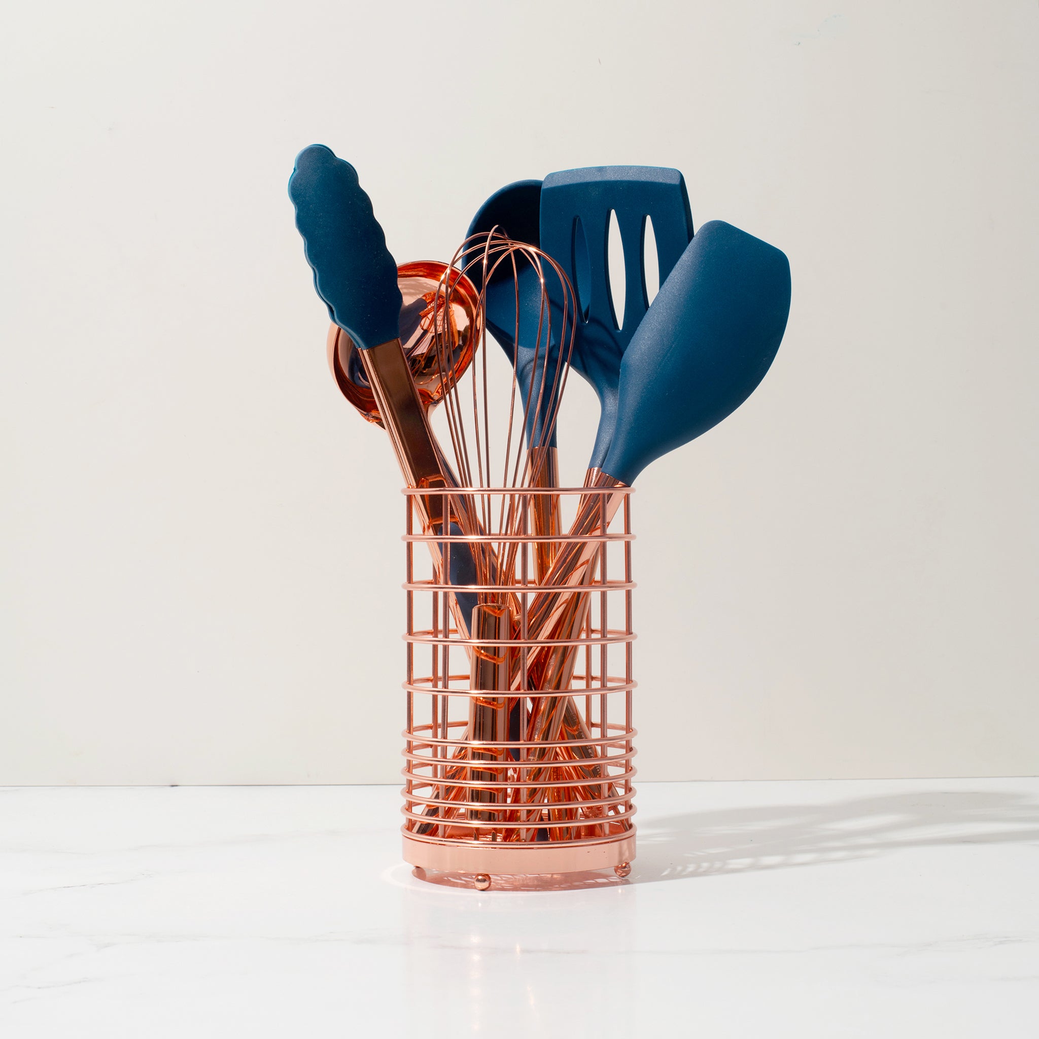 Navy and Copper Kitchen Utensils Set with Holder - Styled Settings