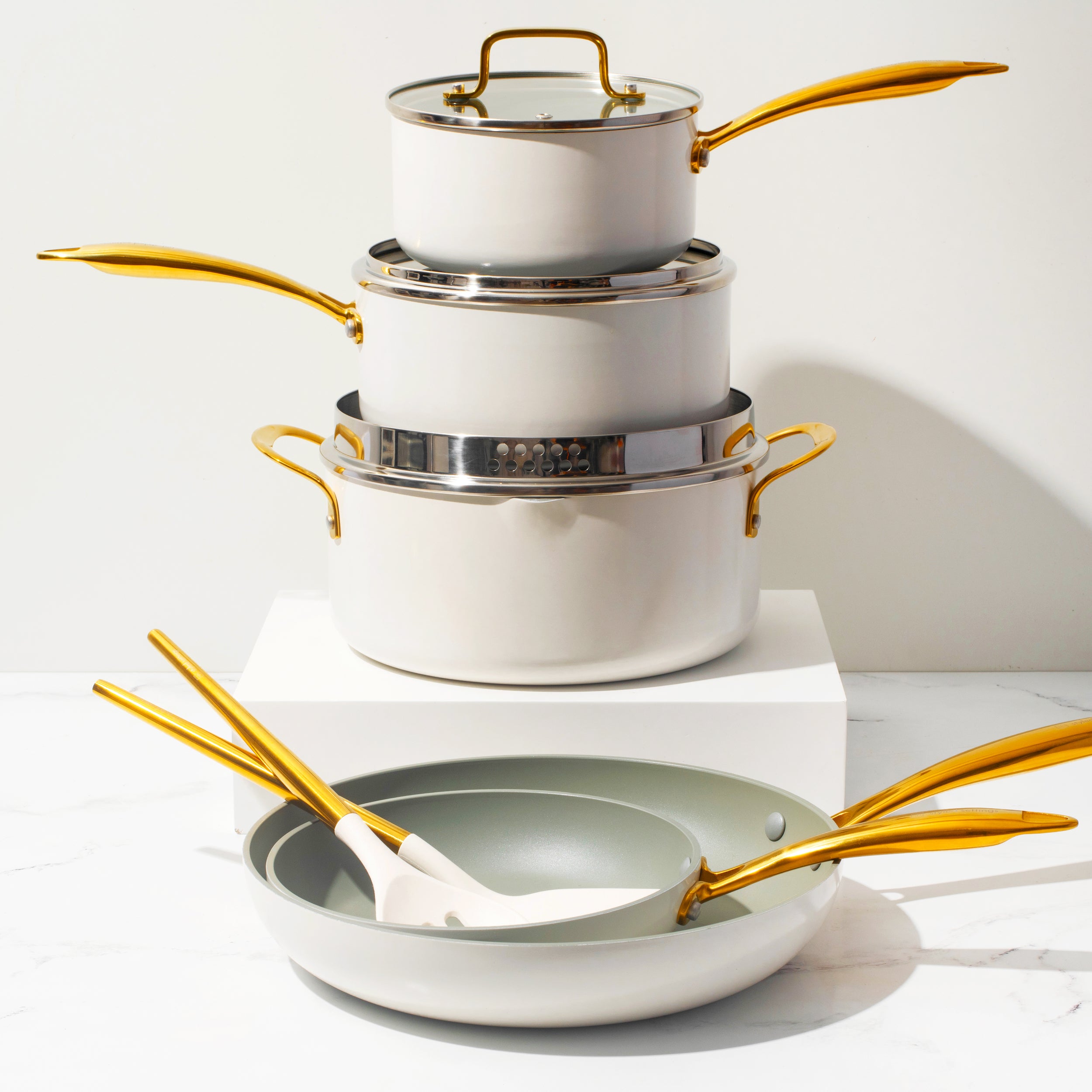 White and Gold Nonstick Pots and Pans Set - Styled Settings