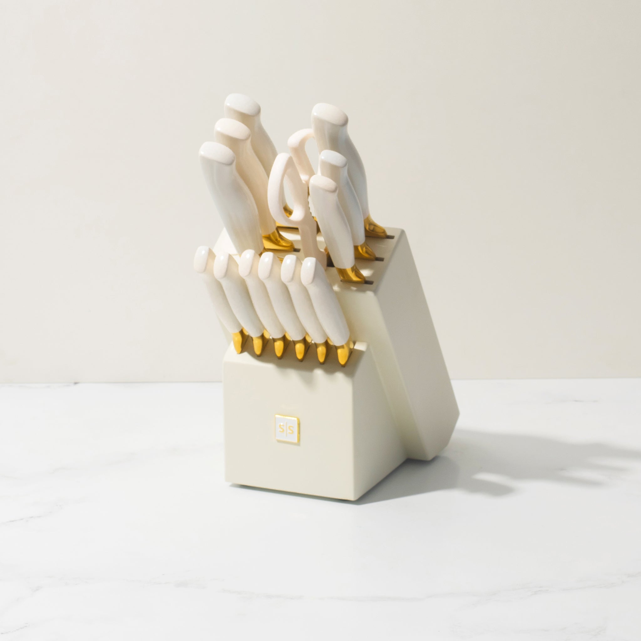 White and Gold Knife Set with White Self-Sharpening Block