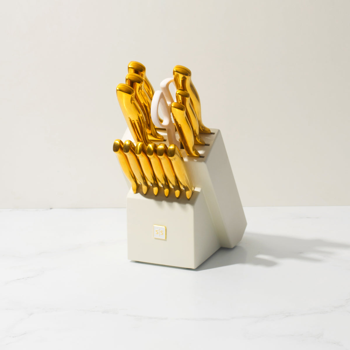 CHROME CLUB Stainless Steel White and Gold Knife Set with Block - 7 Piece Gold Kitchen Knife Set with Durable Clear Knife Block and Sharpener