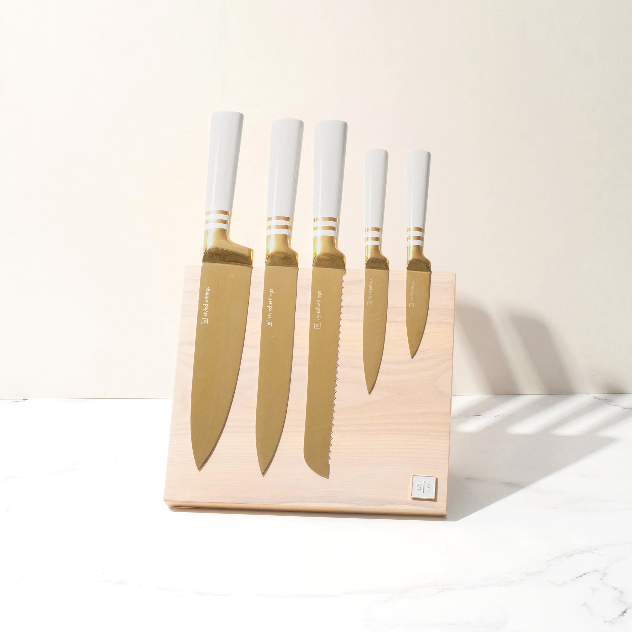 White and Gold Knife Set with Ashwood Self-Sharpening Block