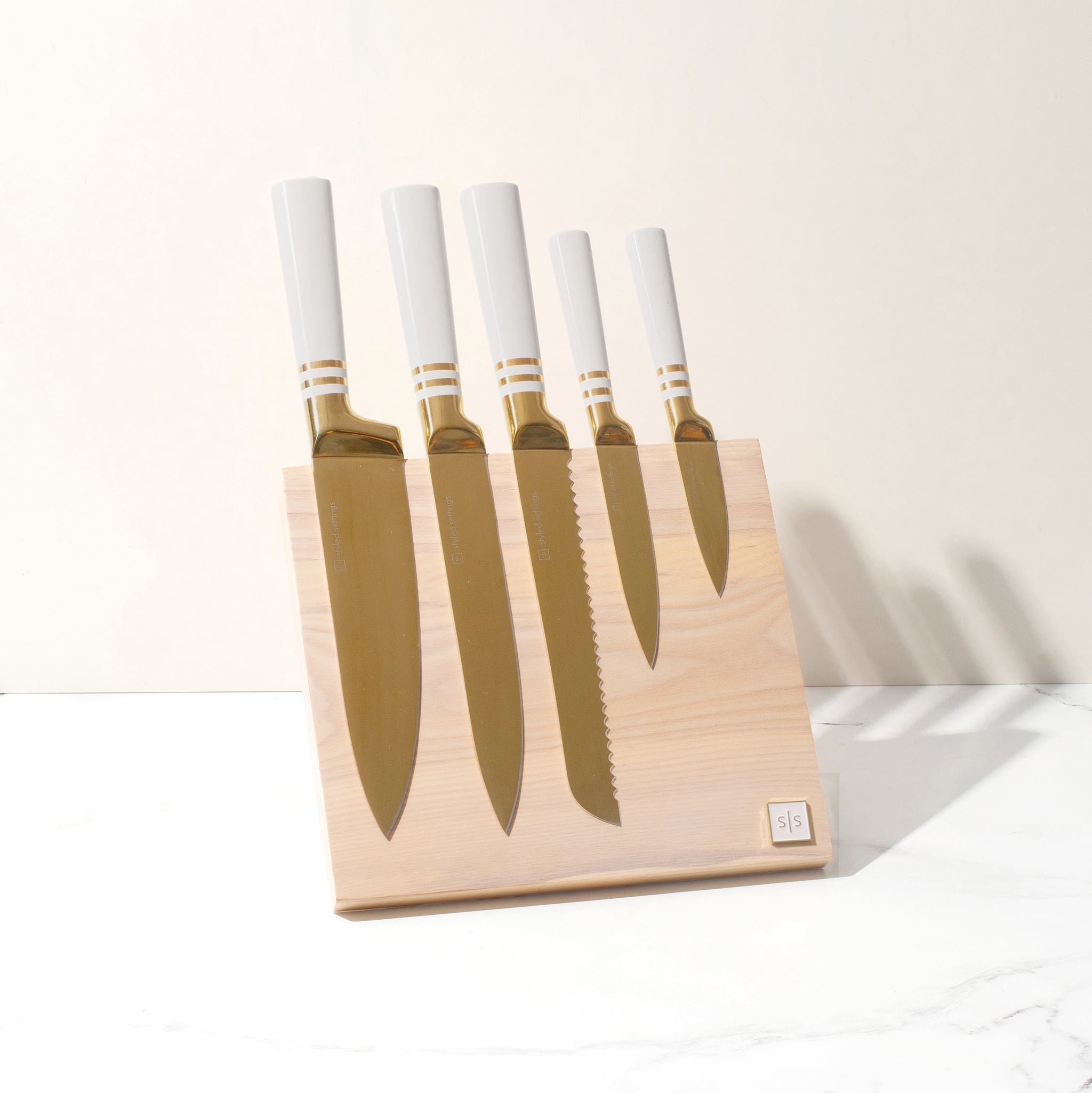 White and Gold Knife Set with Magnetic Knife Block