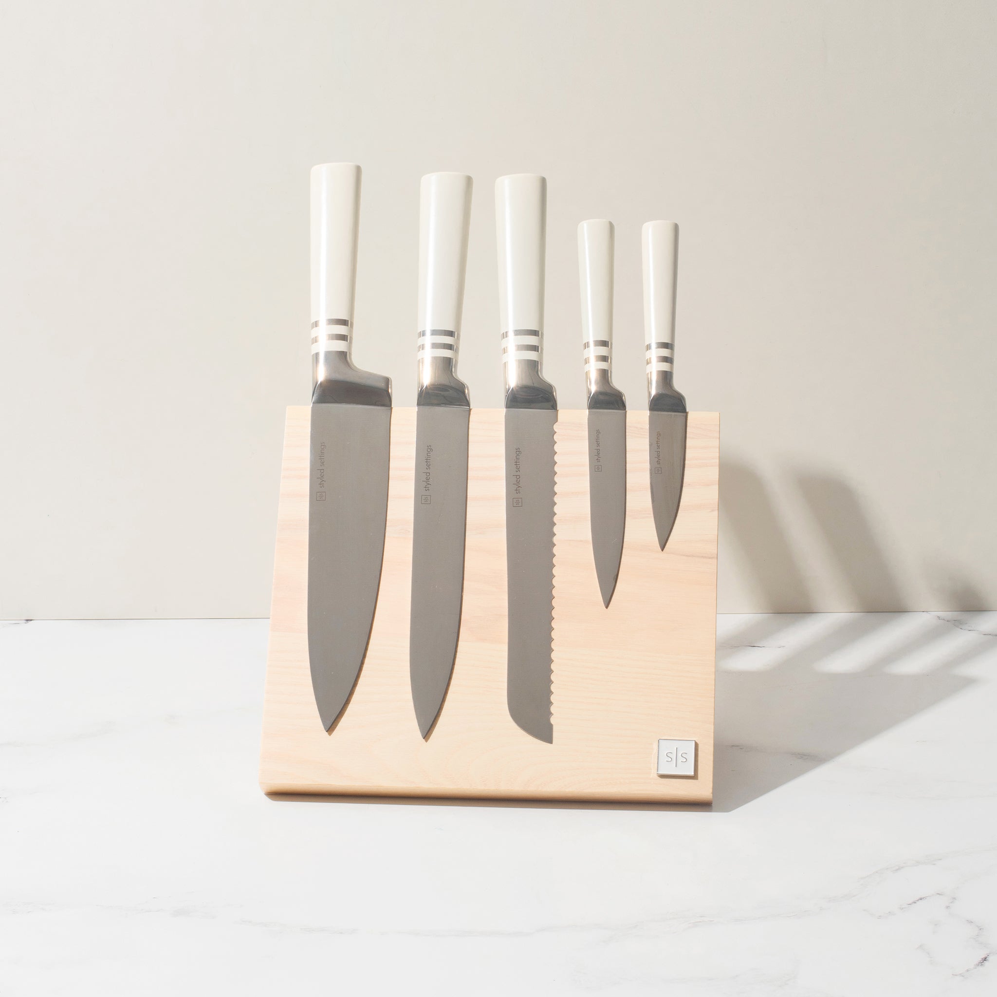 White Knife Set with Magnetic Knife Holder Stand - 6 PC White Magnetic Knife Set Includes White Handle Knife Set with Ashwood Magnetic Knife Block 