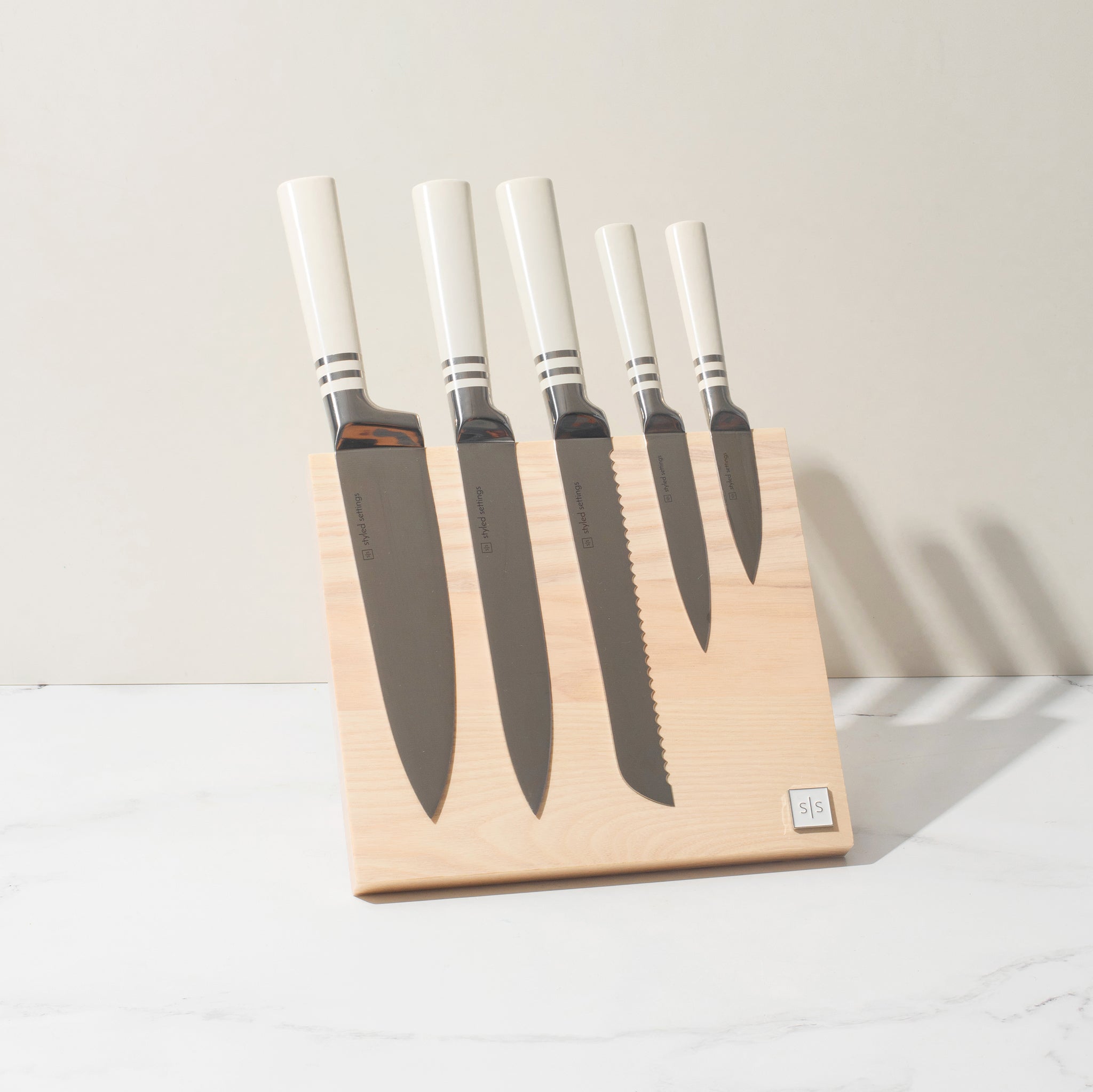 White Knife Set with Magnetic Knife Holder Stand - 6 PC White Magnetic Knife Set Includes White Handle Knife Set with Ashwood Magnetic Knife Block 