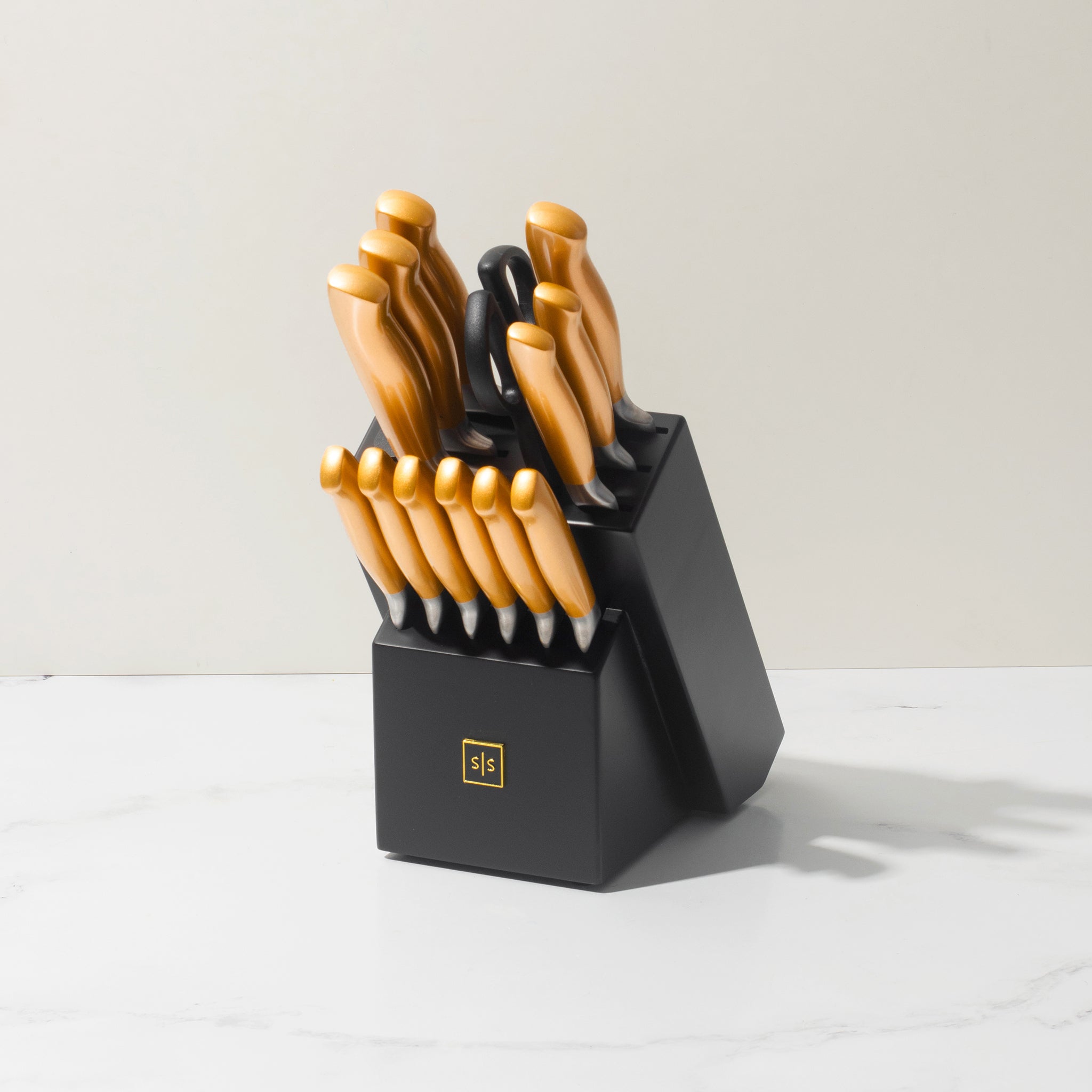 Gold and Silver Knife Set with Self-Sharpening Block - Styled Settings