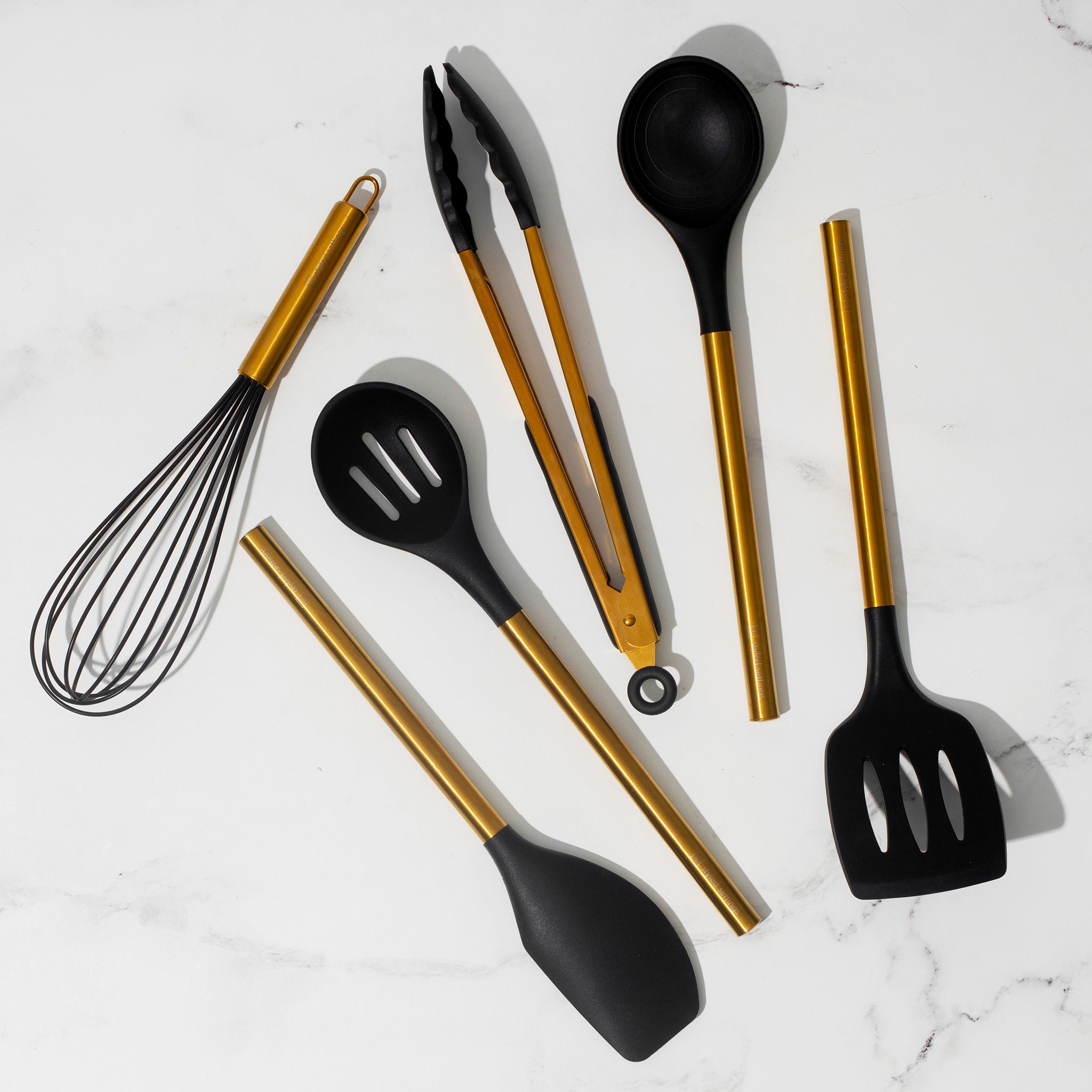 STYLED SETTINGS White Silicone and Gold Kitchen Utensils Set for Modern  Cooking and Serving, Stainless Steel Gold Cooking Utensils and Gold Serving  Utensils- Lu…