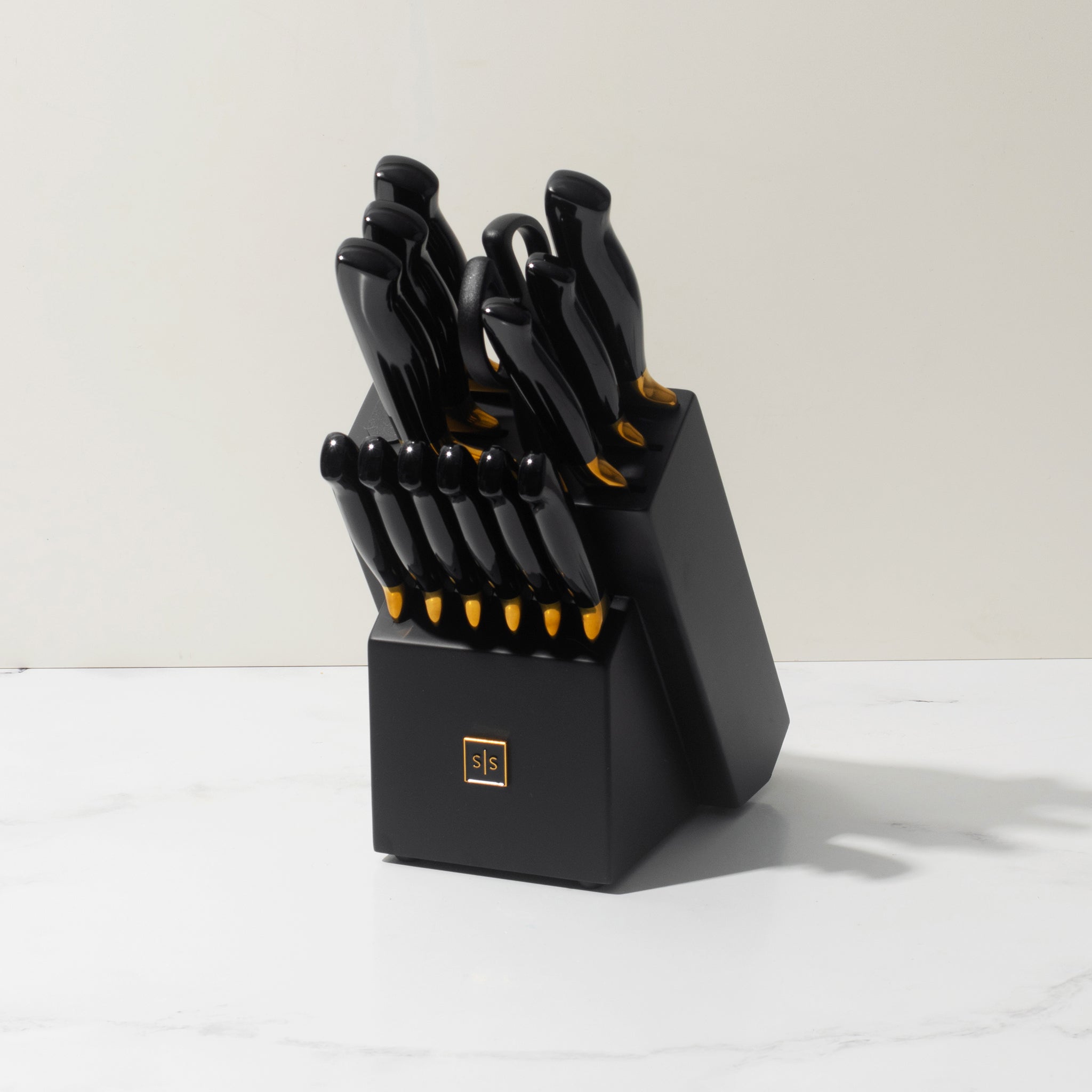 Black and Gold Knife Set with Black Self-Sharpening Block - Styled Settings