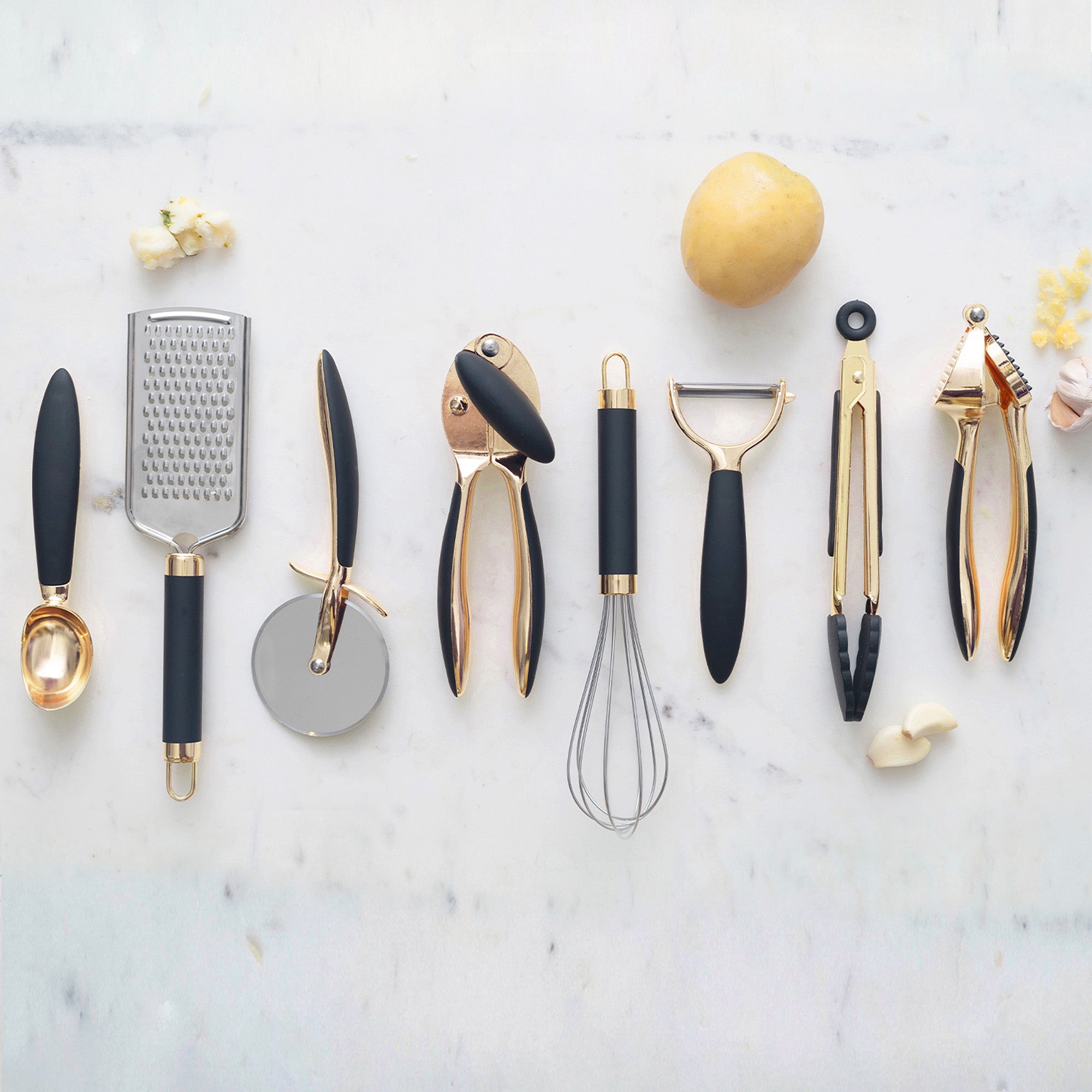 White & Gold Kitchen Tools and Gadgets - Luxe 8pc Cooking Tools and Gadgets with Anti-Slip Handles, Gold Utensils Set, Gold Kitchen Accessories and