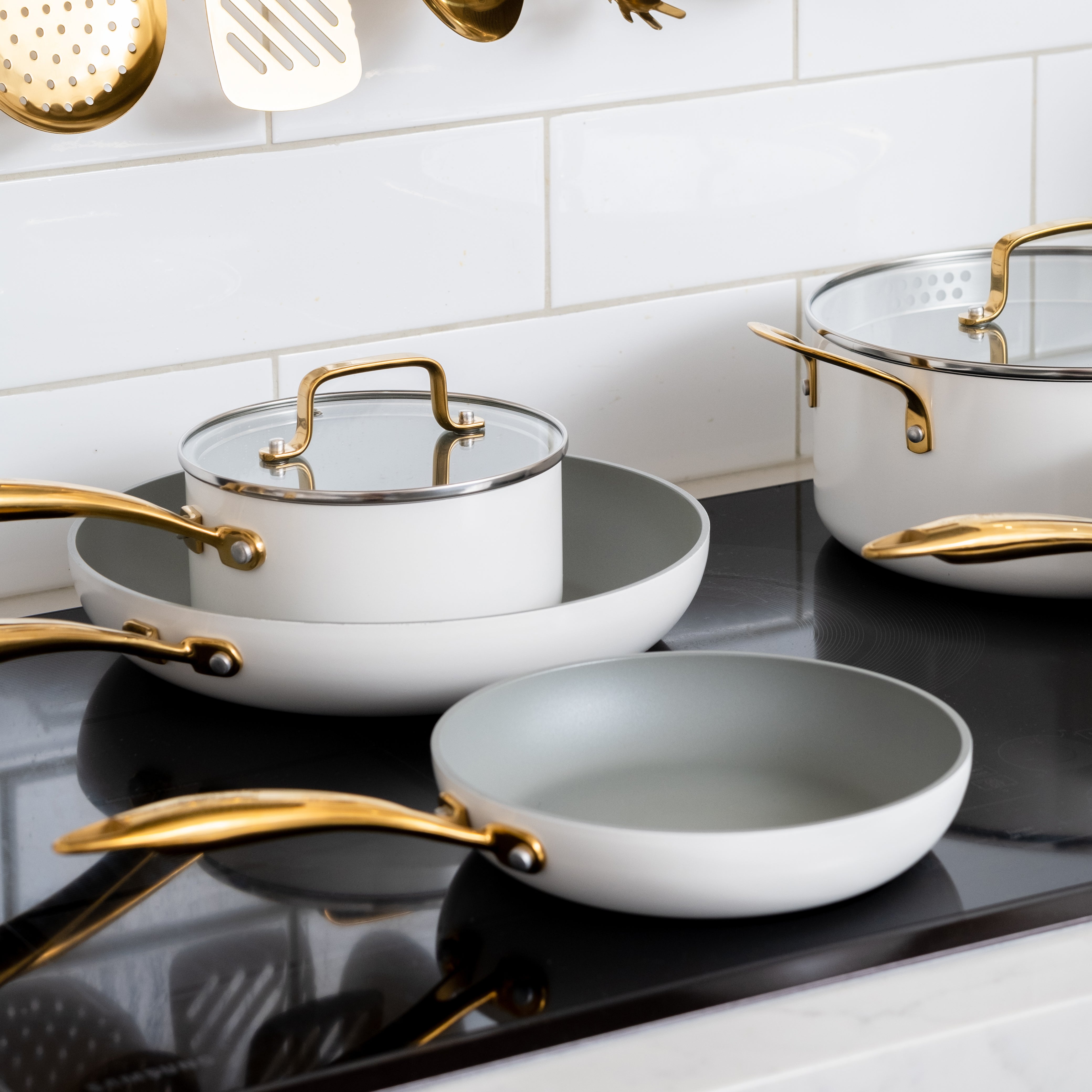 White and Gold Nonstick Pots and Pans Set - Styled Settings
