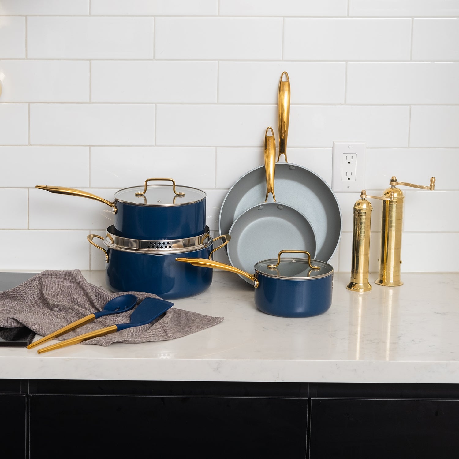 Navy and Gold Nonstick Pots and Pans Set - Styled Settings
