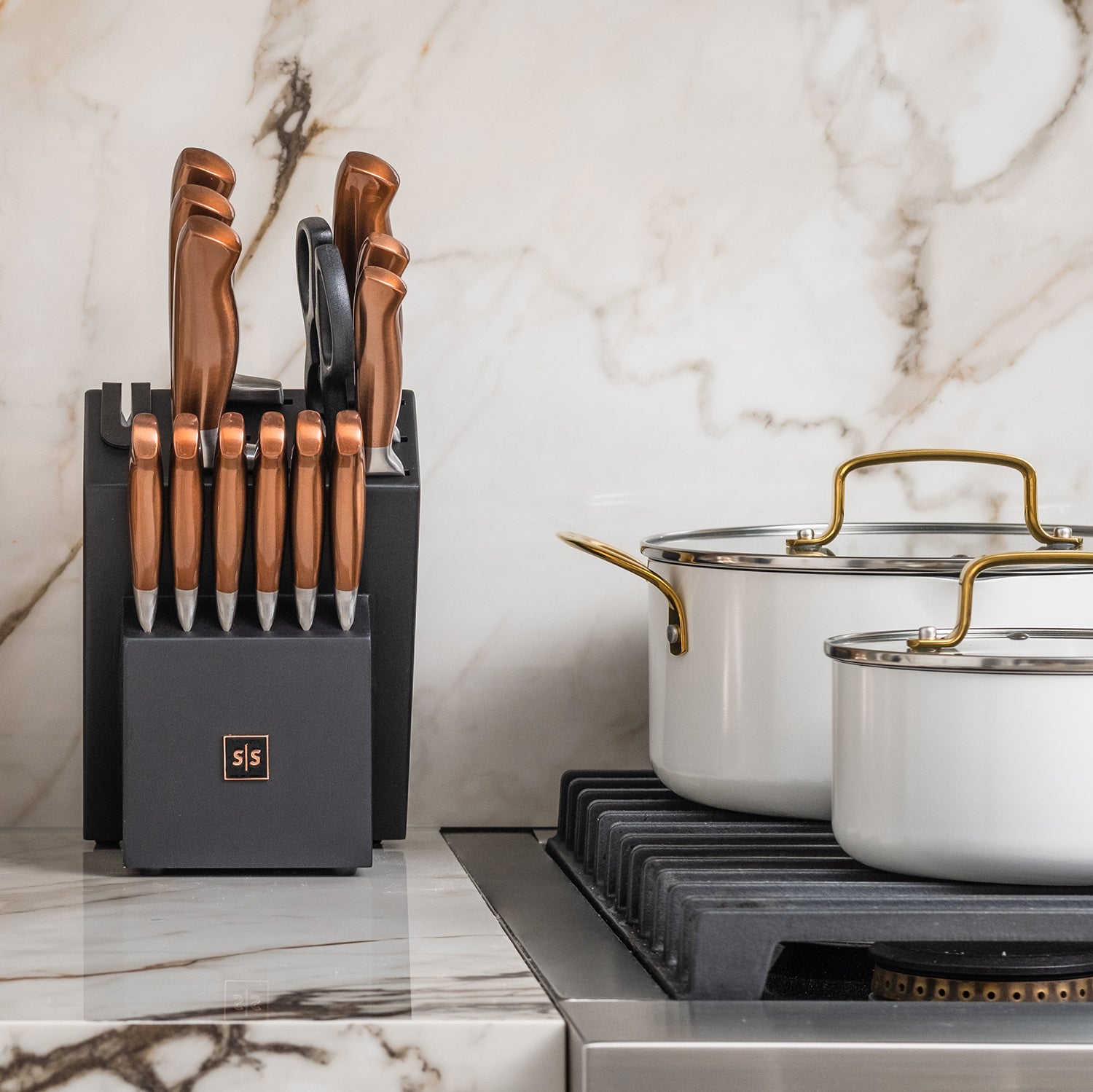 Styled Settings Copper Stainless Steel Knife Set with Sharpener Block 