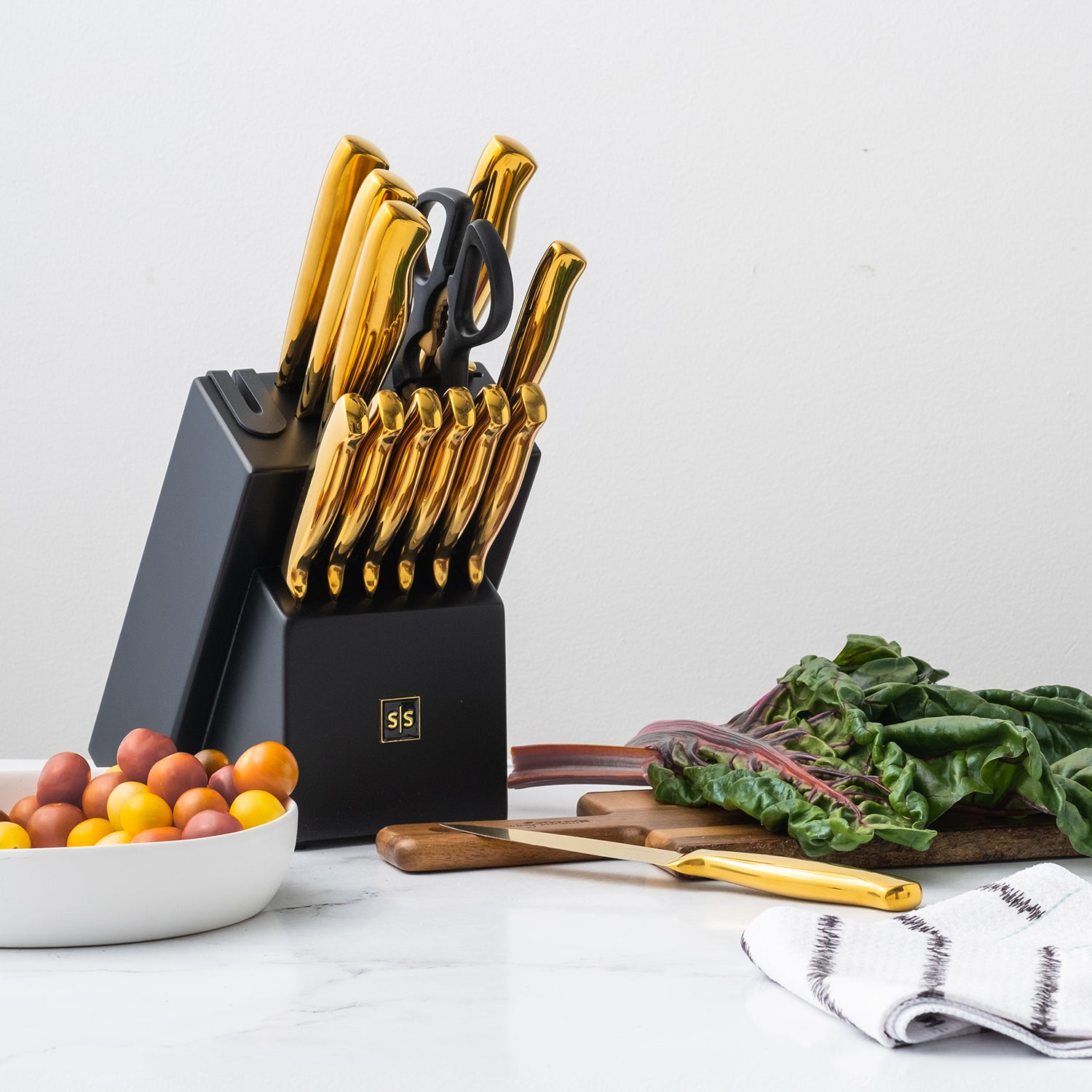 and Gold Knife Set with Block Self Sharpening - 14 PC Coated Gold
