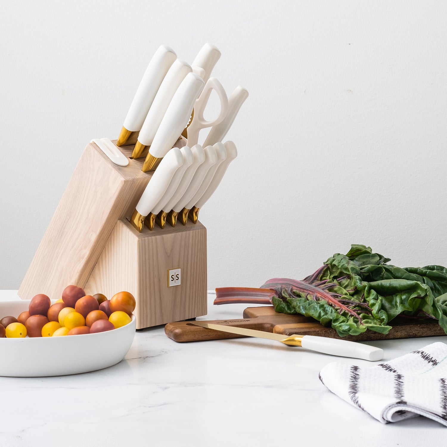 Styled Settings Black and Gold Knife Set with Knife Block and Sharpener