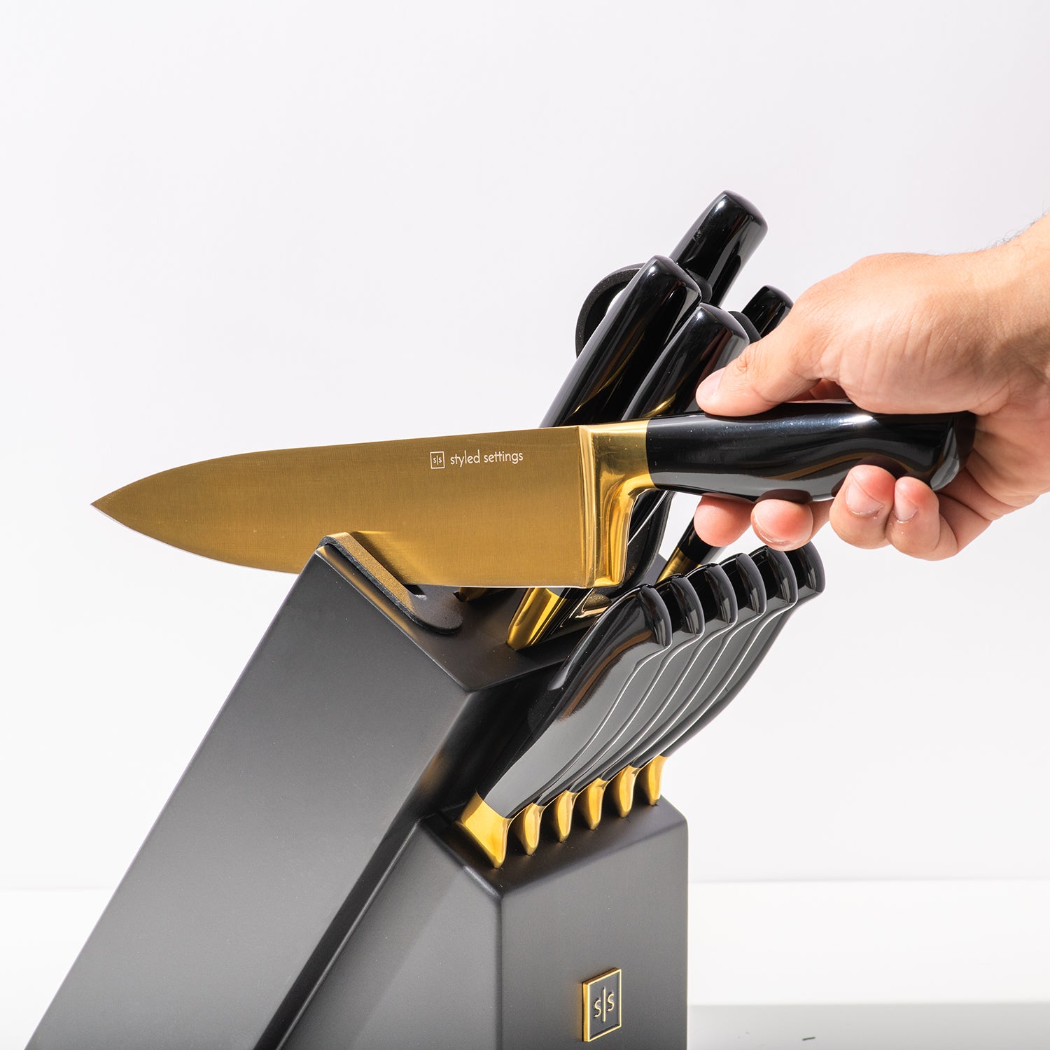 Black and Gold Knife Set with Black Self-Sharpening Block - Styled Settings