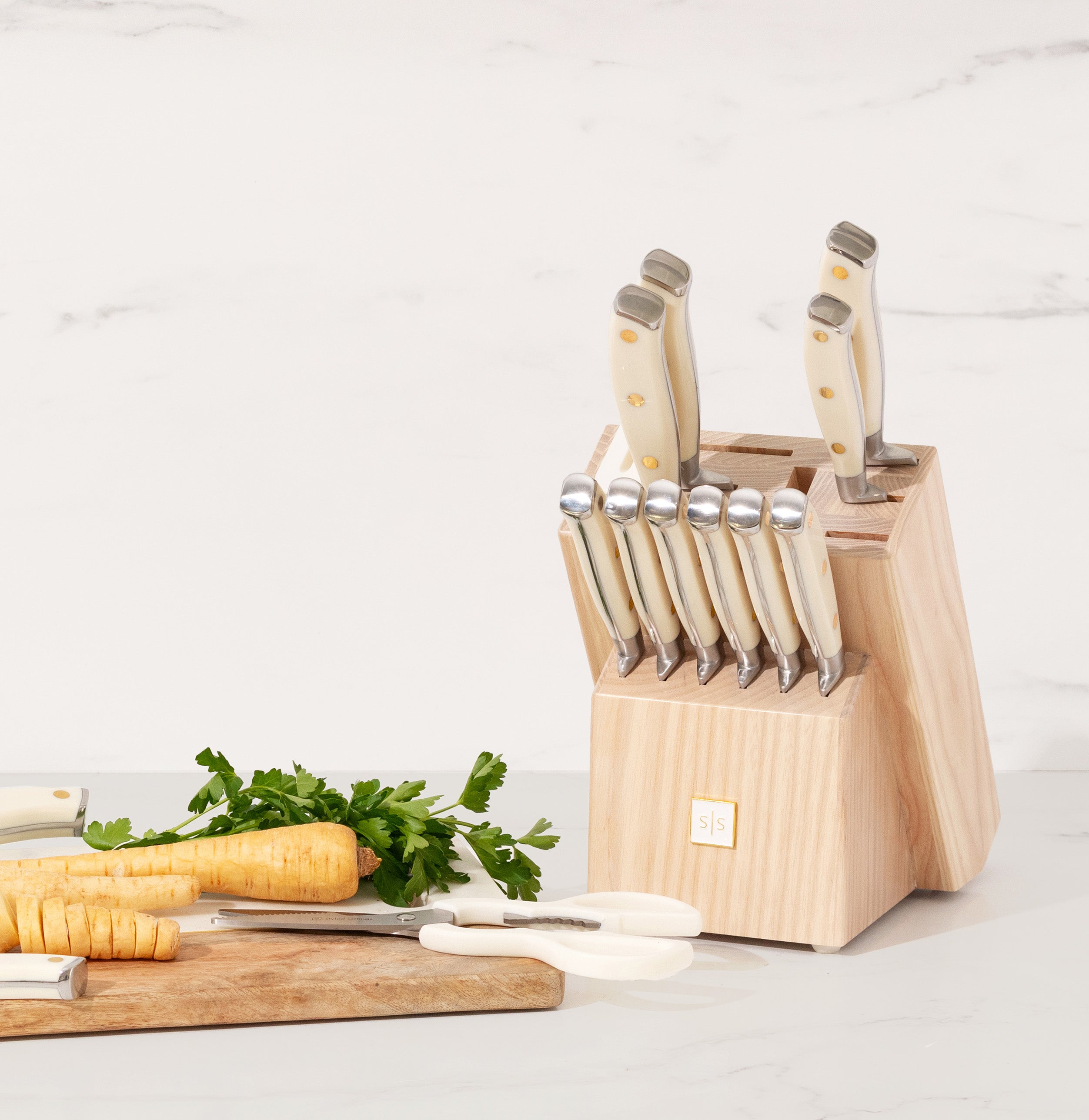 White and Silver Riveted Knife Set with Ashwood Self-Sharpening Block