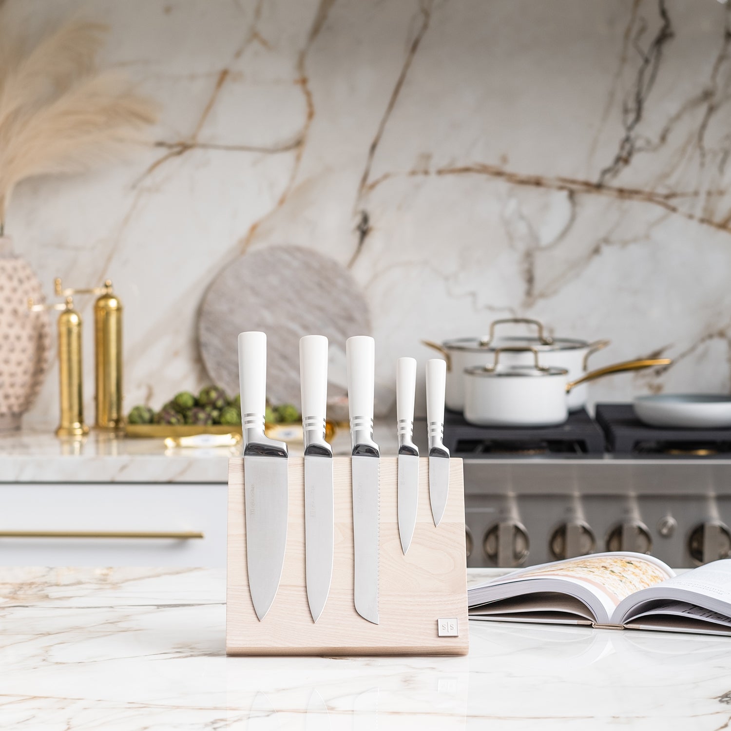 White and Silver Knife Set with Magnetic Knife Block - Styled Settings