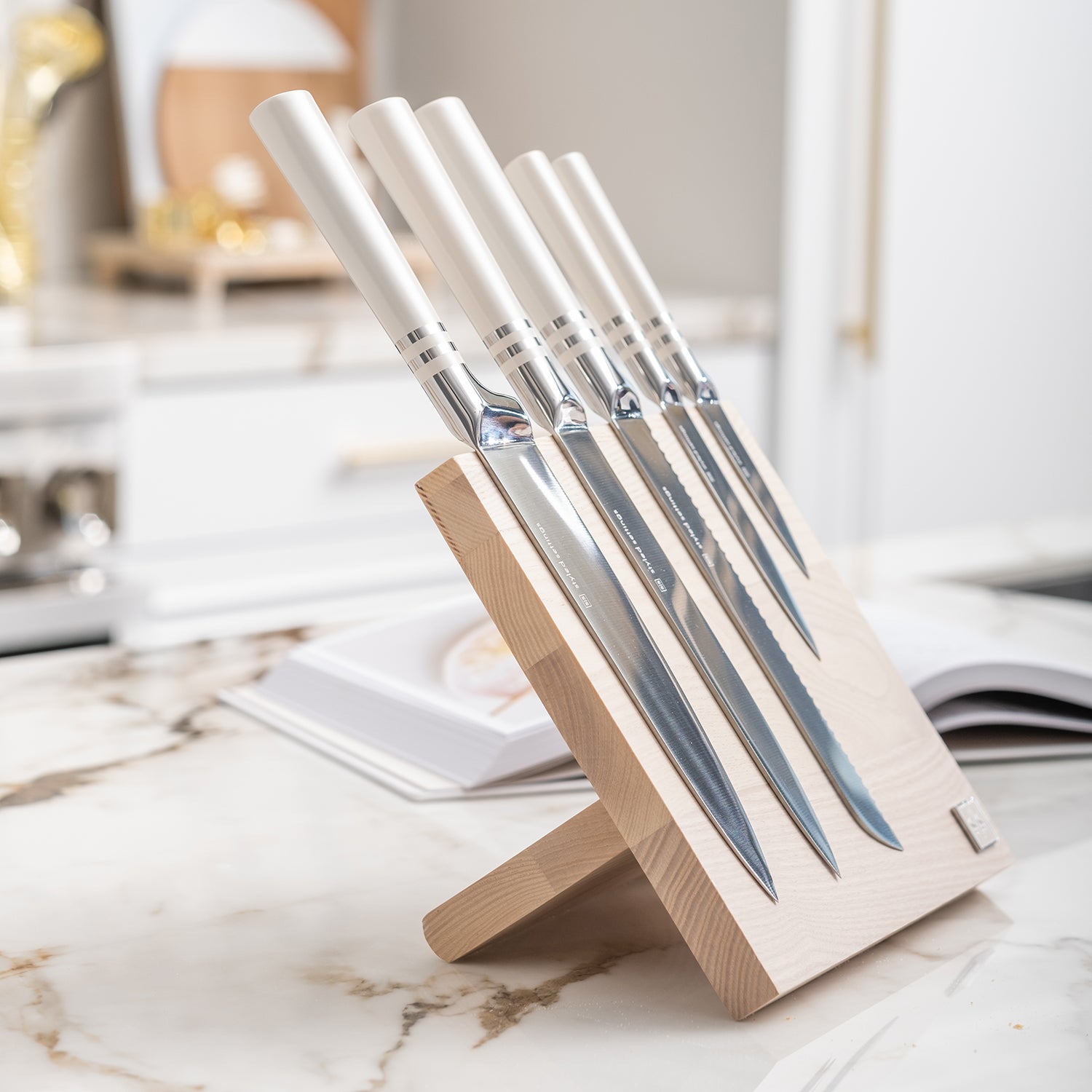 White and Silver Knife Set with Magnetic Knife Block - Styled Settings