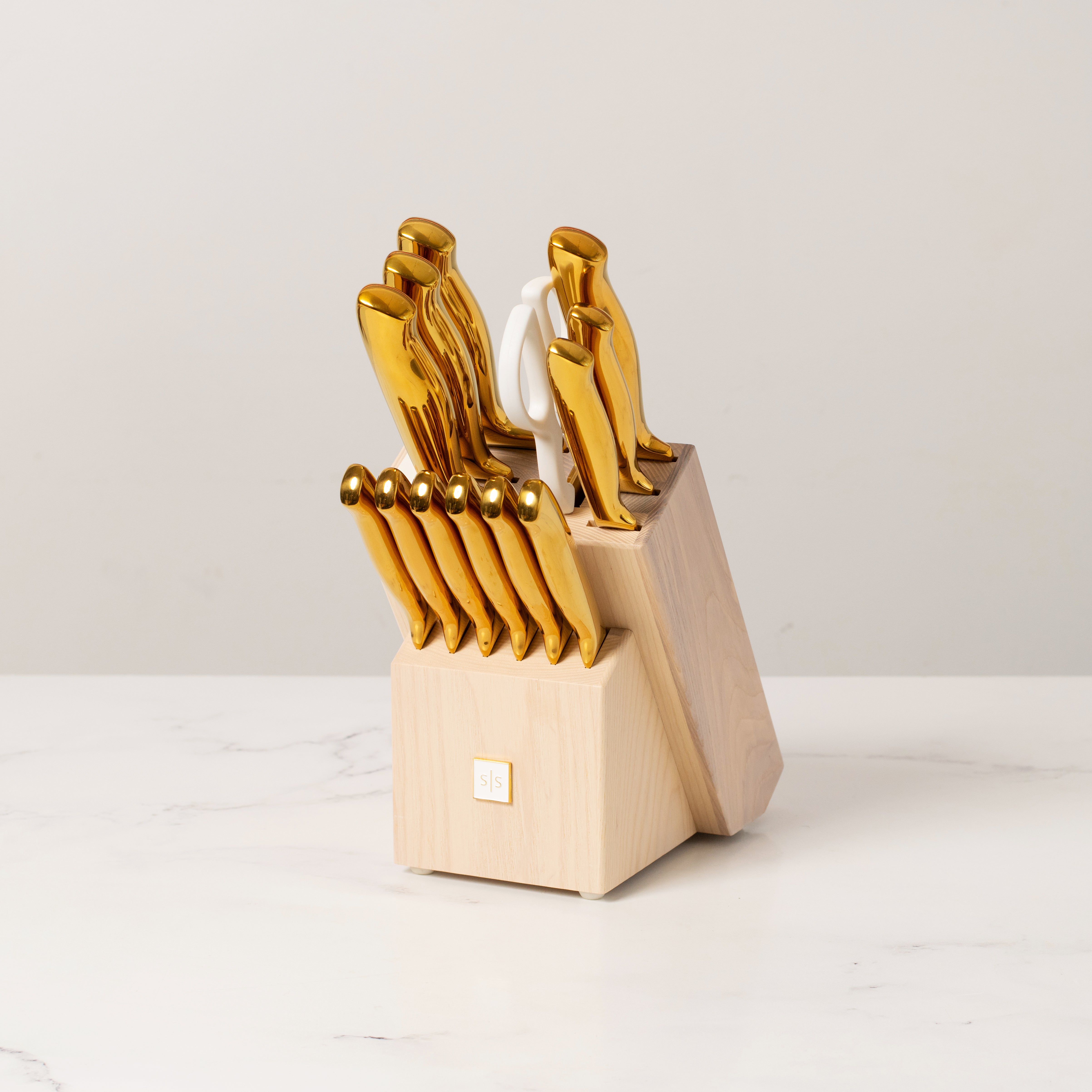 Gold Knife Set with Ashwood Self-Sharpening Block