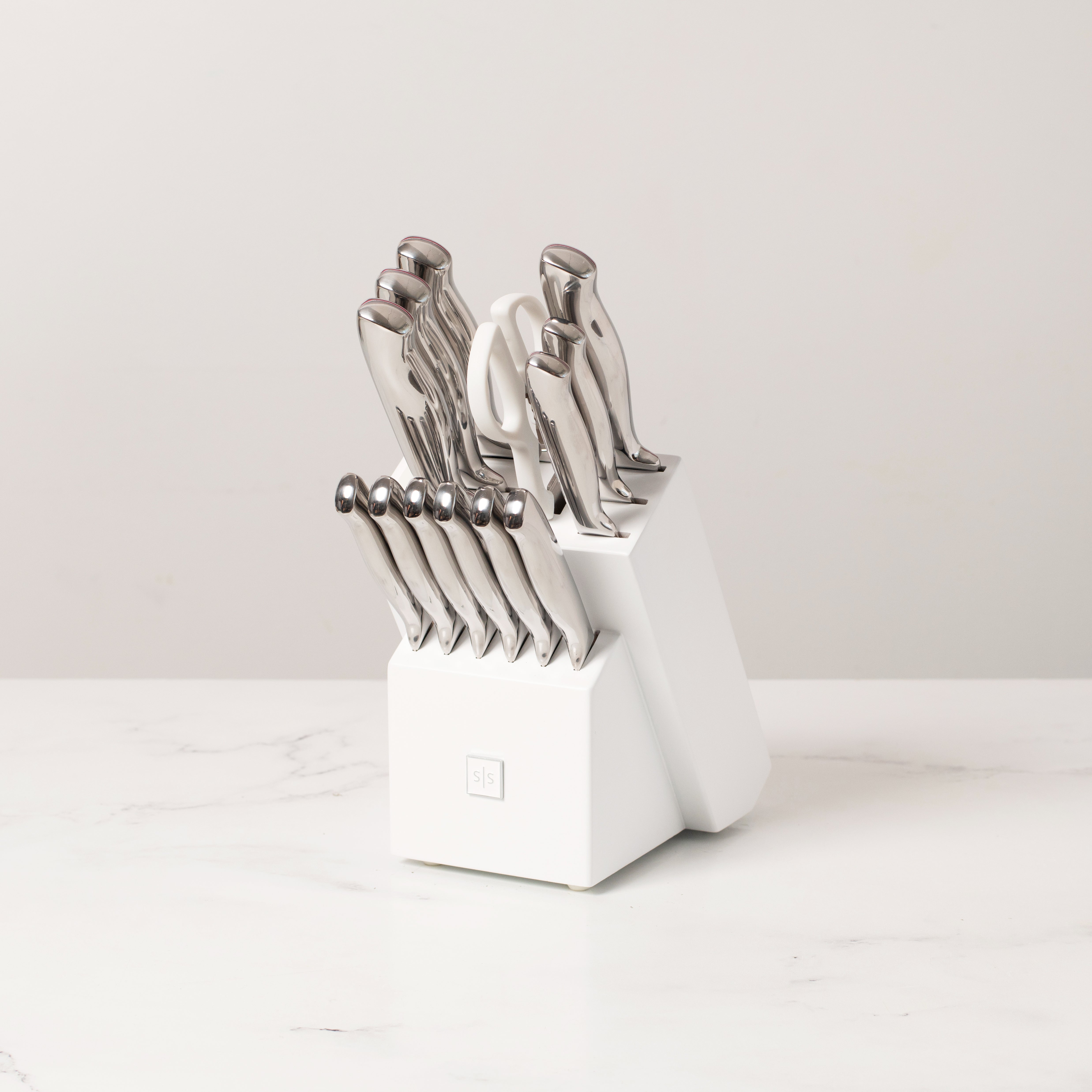 Silver Knife Set with White Self-Sharpening Block