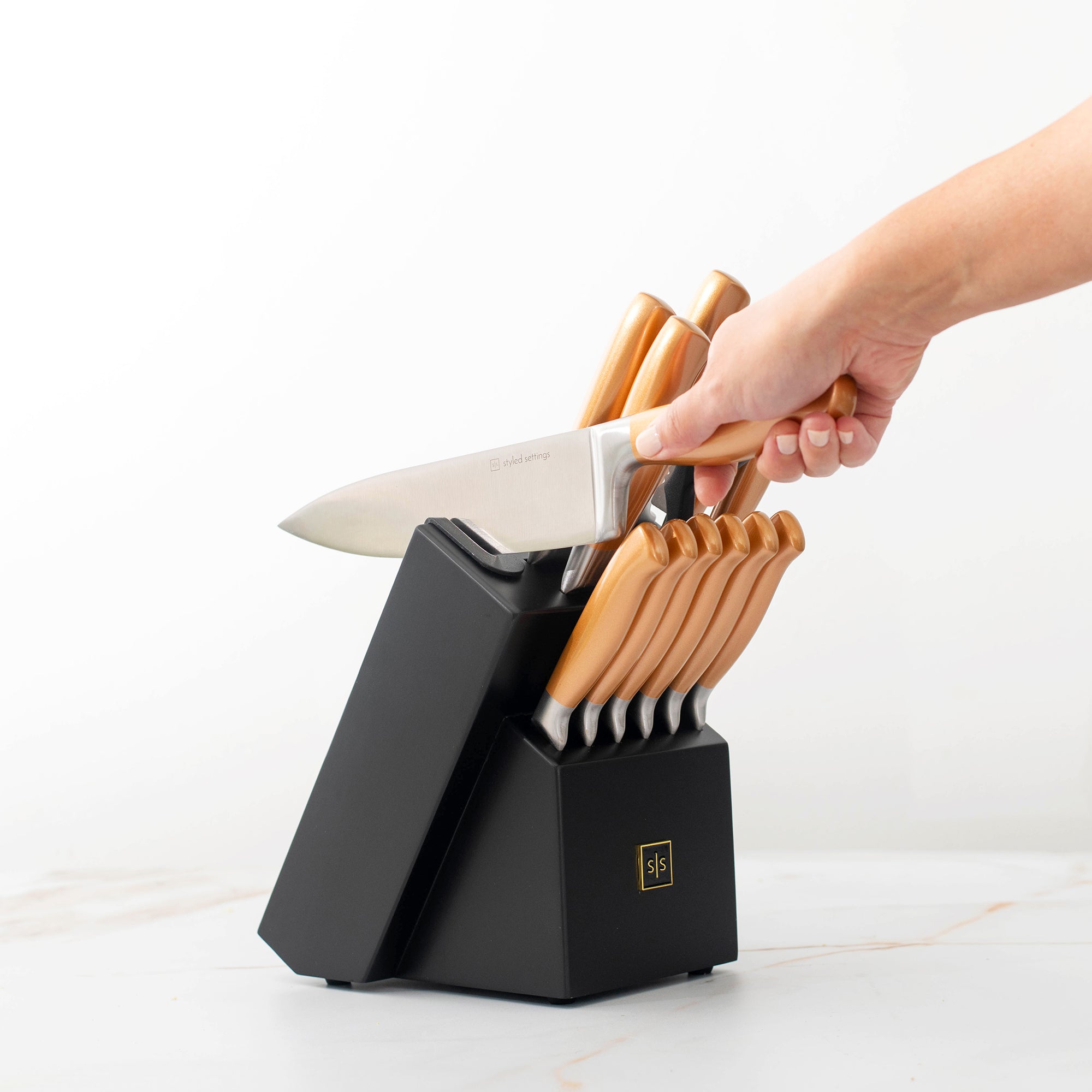 Black and Gold Knife Set with Sharpener- 14 PC Gold Knife Set with Block and Sharpener Includes Full Tang Black and Gold Knives & Self Sharpening