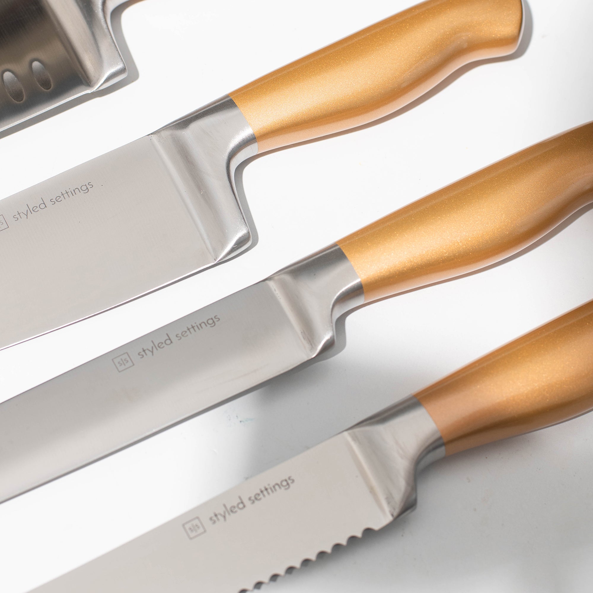 Gold and Silver Knife Set with Self-Sharpening Block