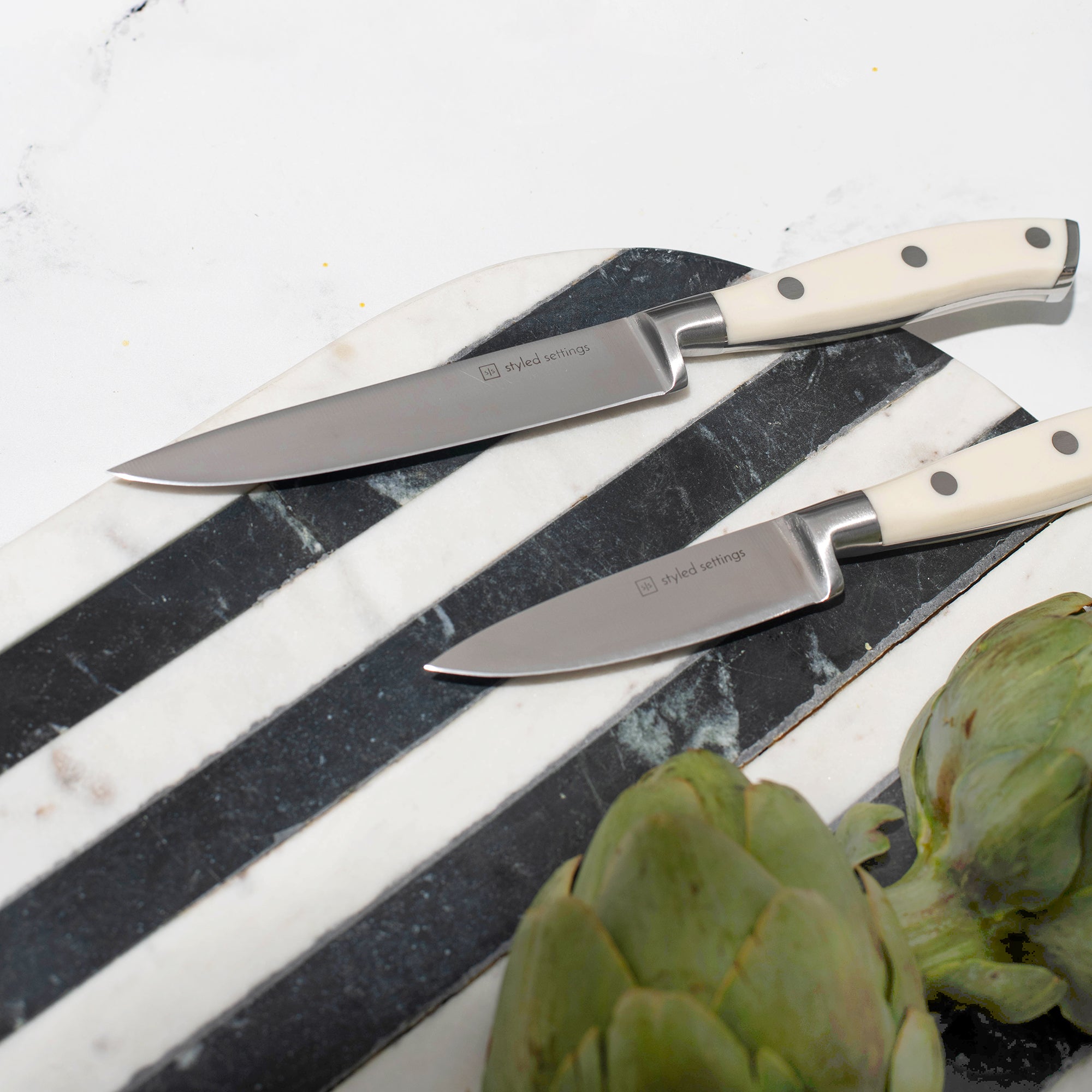White and Silver Knife Set with Self-Sharpening Block