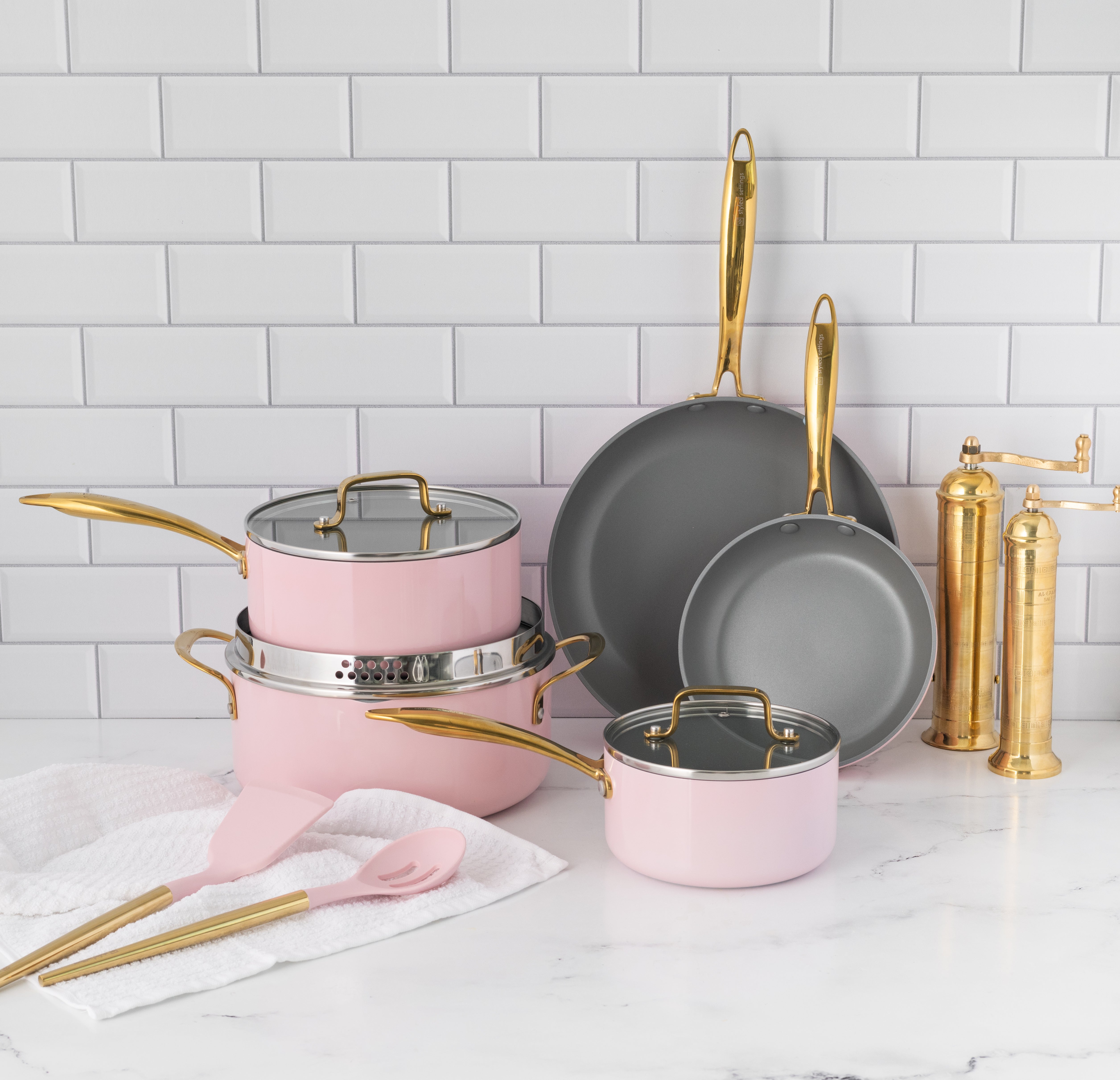 Styled Settings Pink Pots and Pans Set Nonstick - 15 PC Luxe Gold and Pink Cookware Set - Induction Compatible, 100% PFOA Free Cookware Set