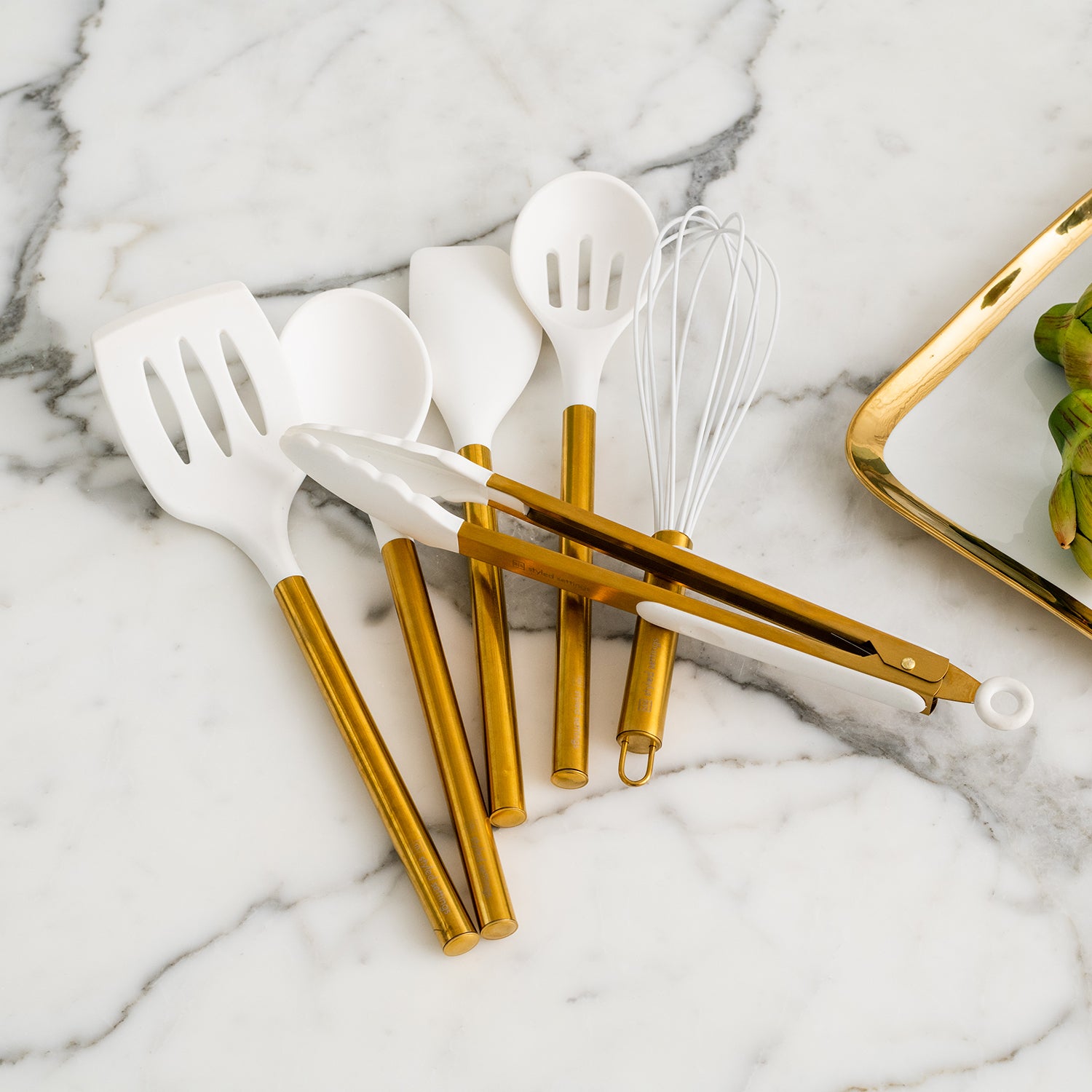 Styled Settings White & Gold Silicone Utensils with Holder and Measuring Cups & Spoons Set