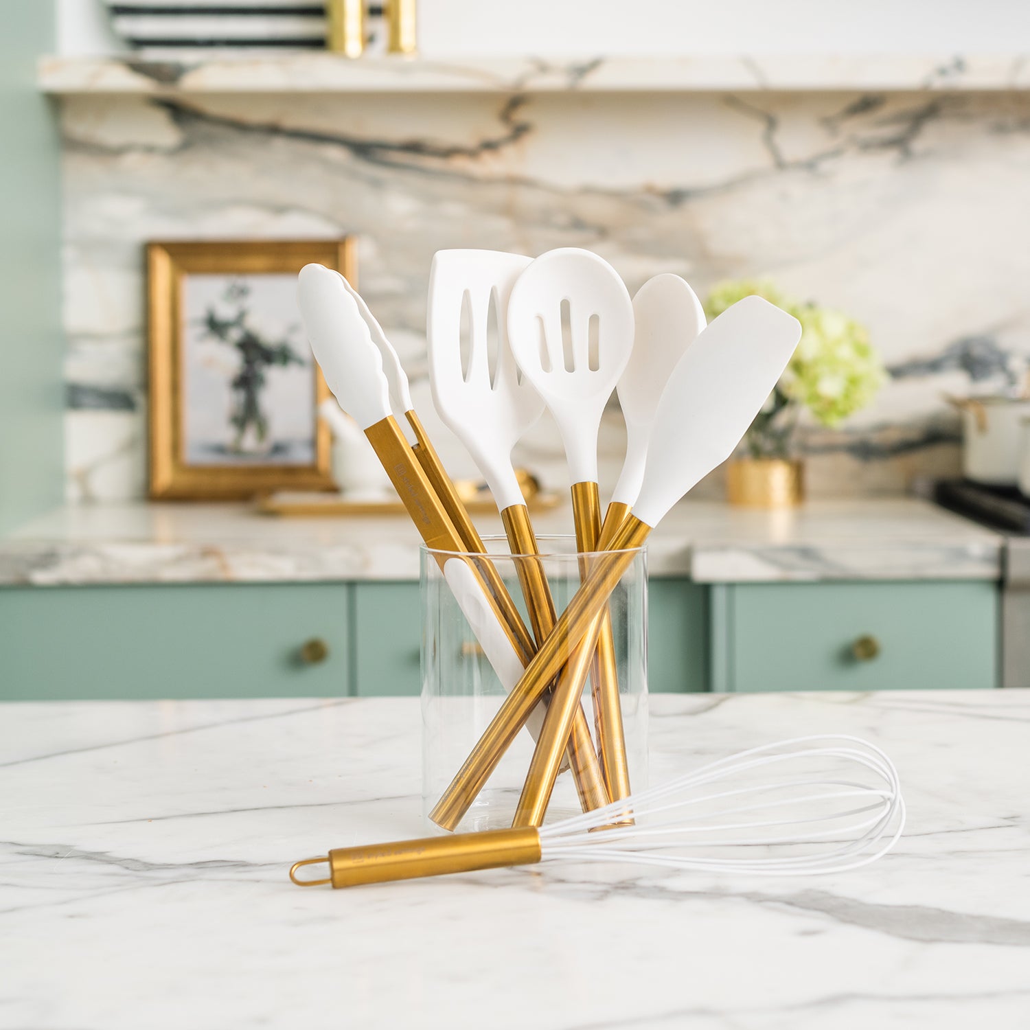 White Silicone and Gold Cooking Utensils for Modern Cooking and Serving