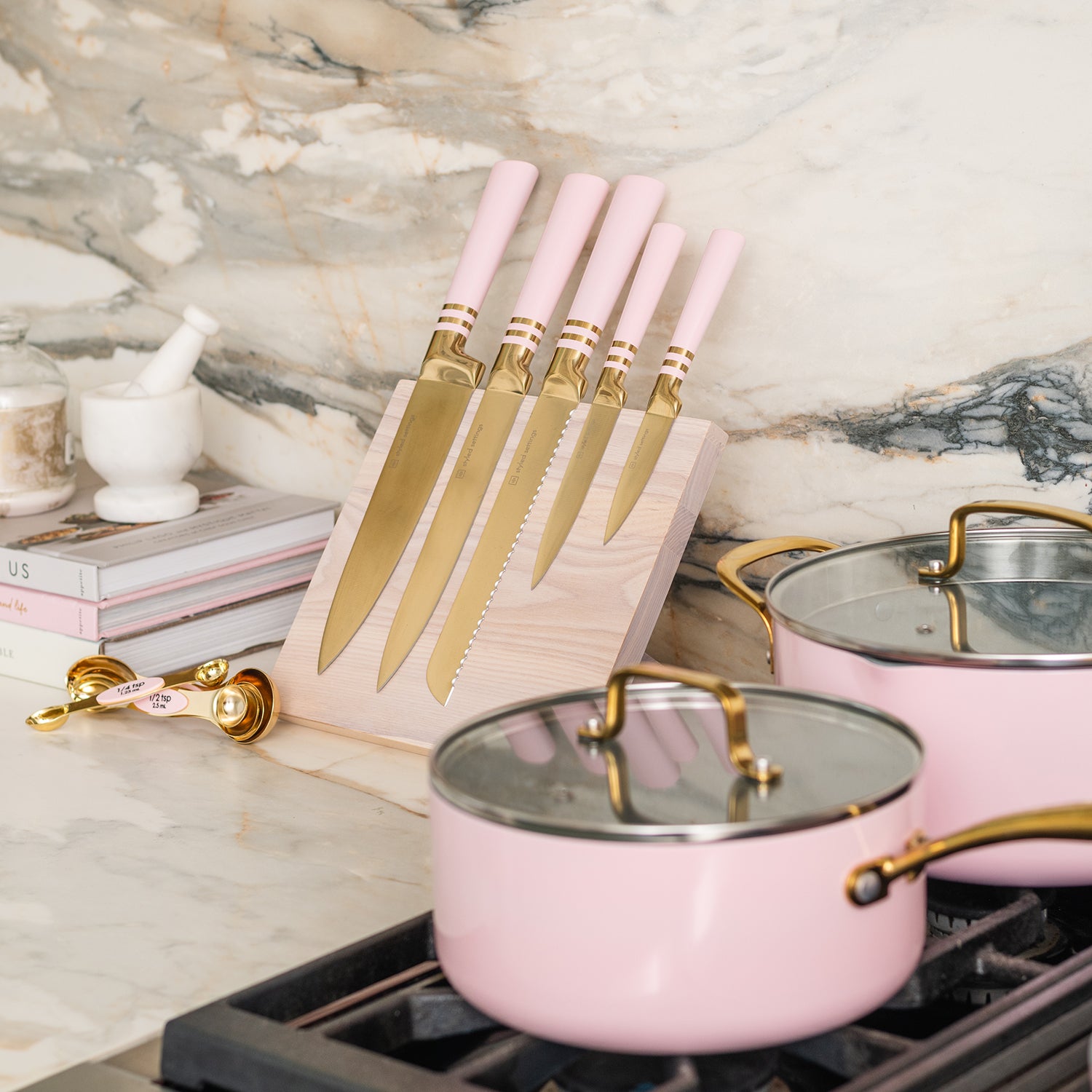  Pink Knife Set with Magnetic Knife Block - 6 PC Pink and Gold Knife  Set with Block Includes Pink Kitchen Knife Set & Ashwood Magnetic Knife  Holder - Pink Kitchen Accessories