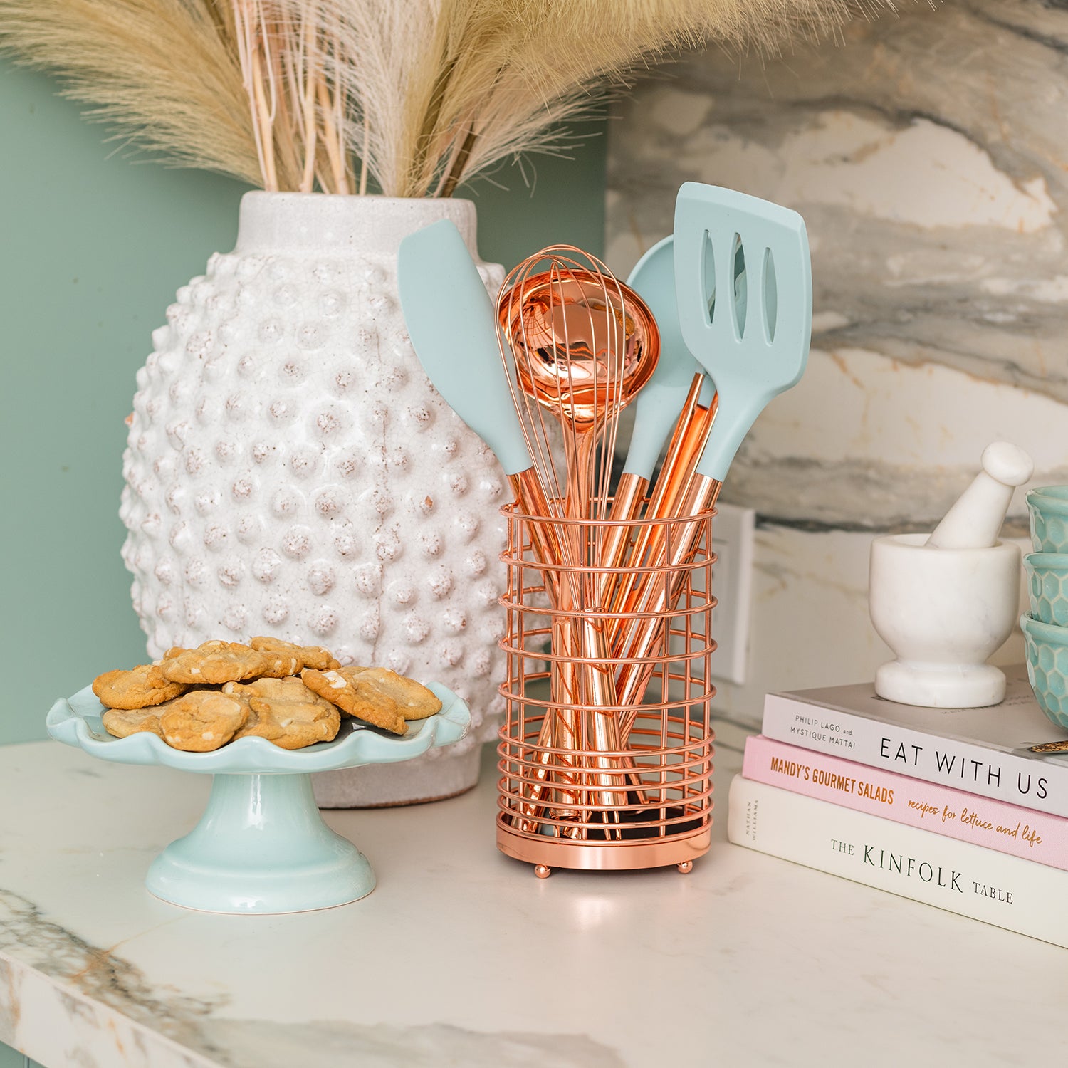 Copper and Teal Kitchen Utensils Set with Holder - Styled Settings