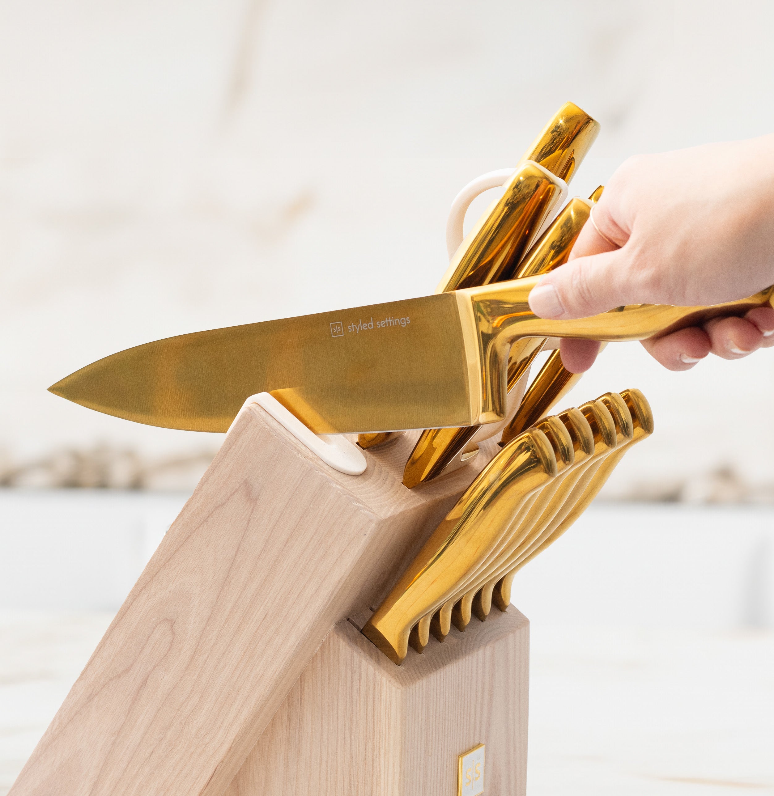 Gold Knife Set with Ashwood Self-Sharpening Block
