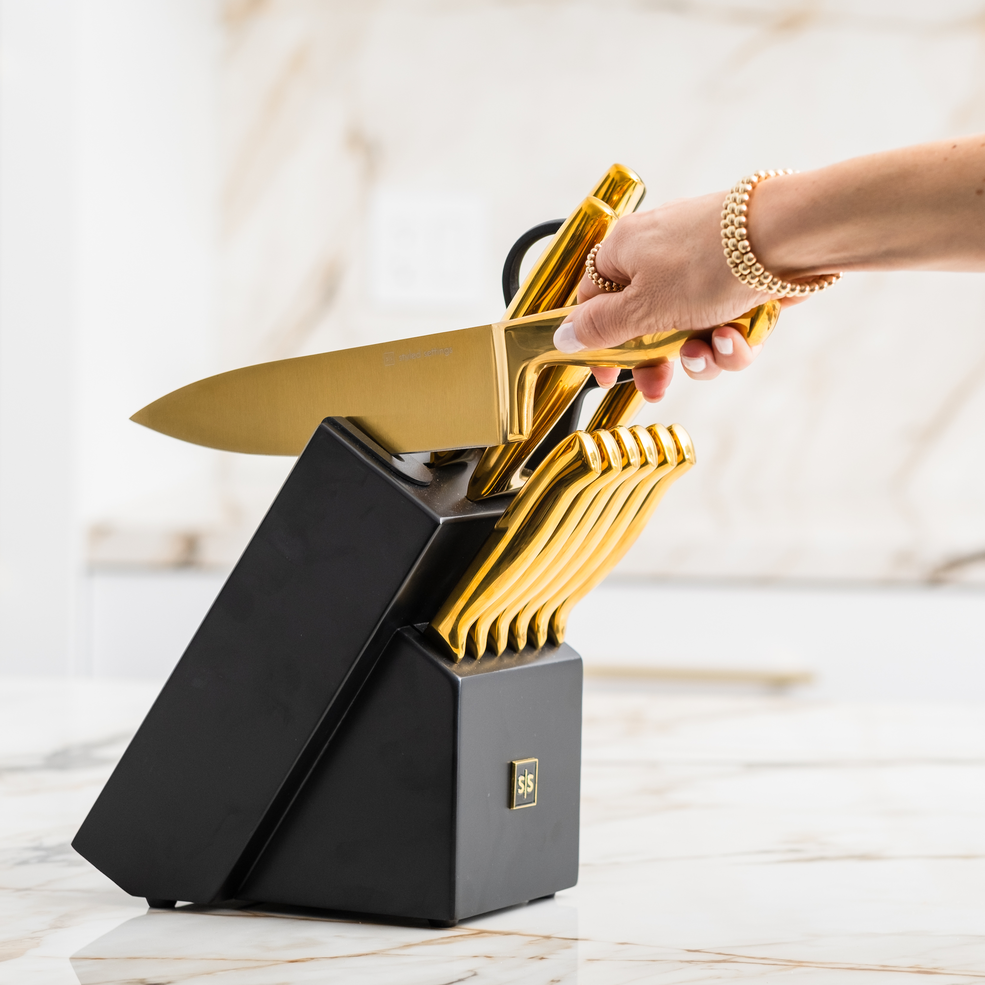 Styled Settings Gold Knife Set with Walnut Knife Block