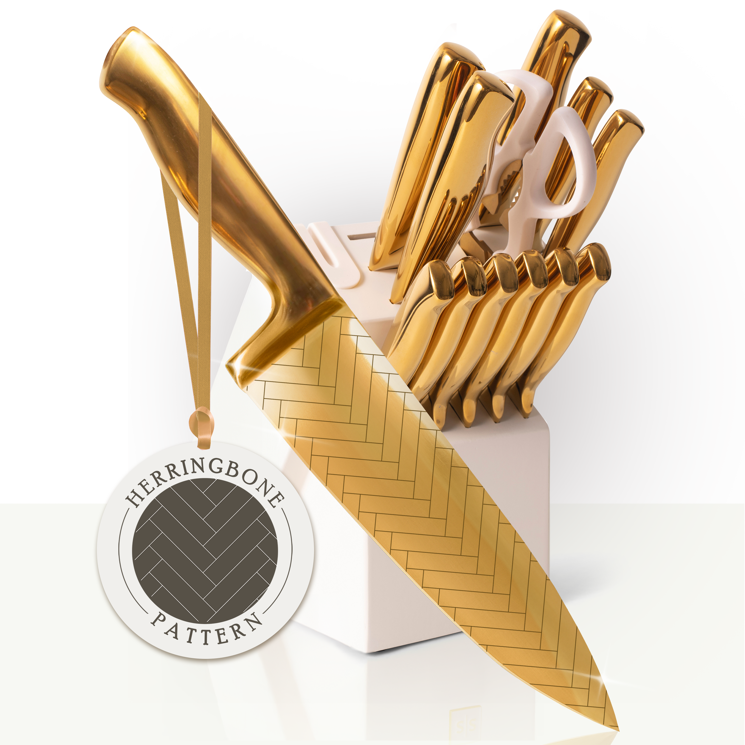 Patterned Gold Knife Set with White Self-Sharpening Block