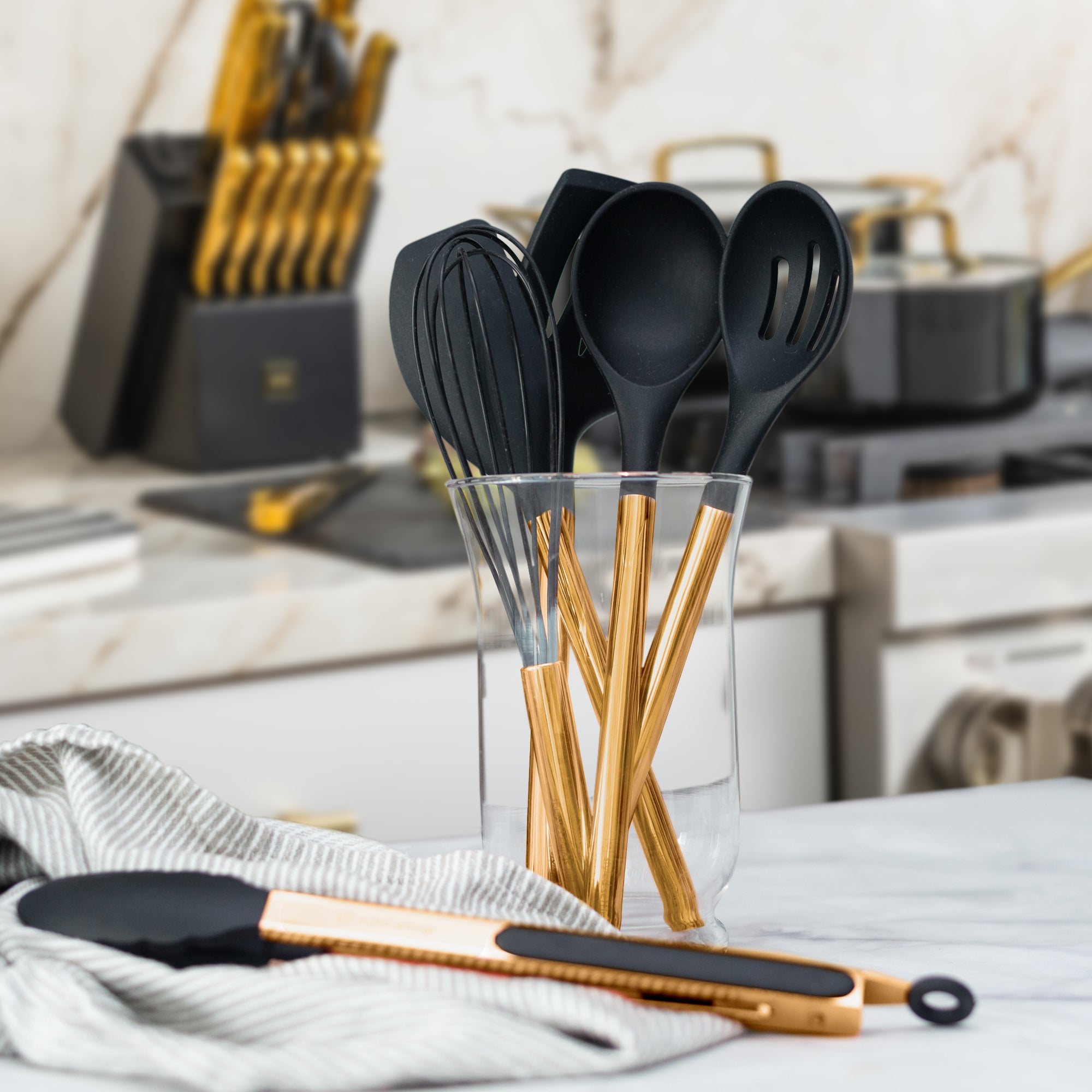 Styled Settings White Silicone & Copper Kitchen Utensils Set with Holder