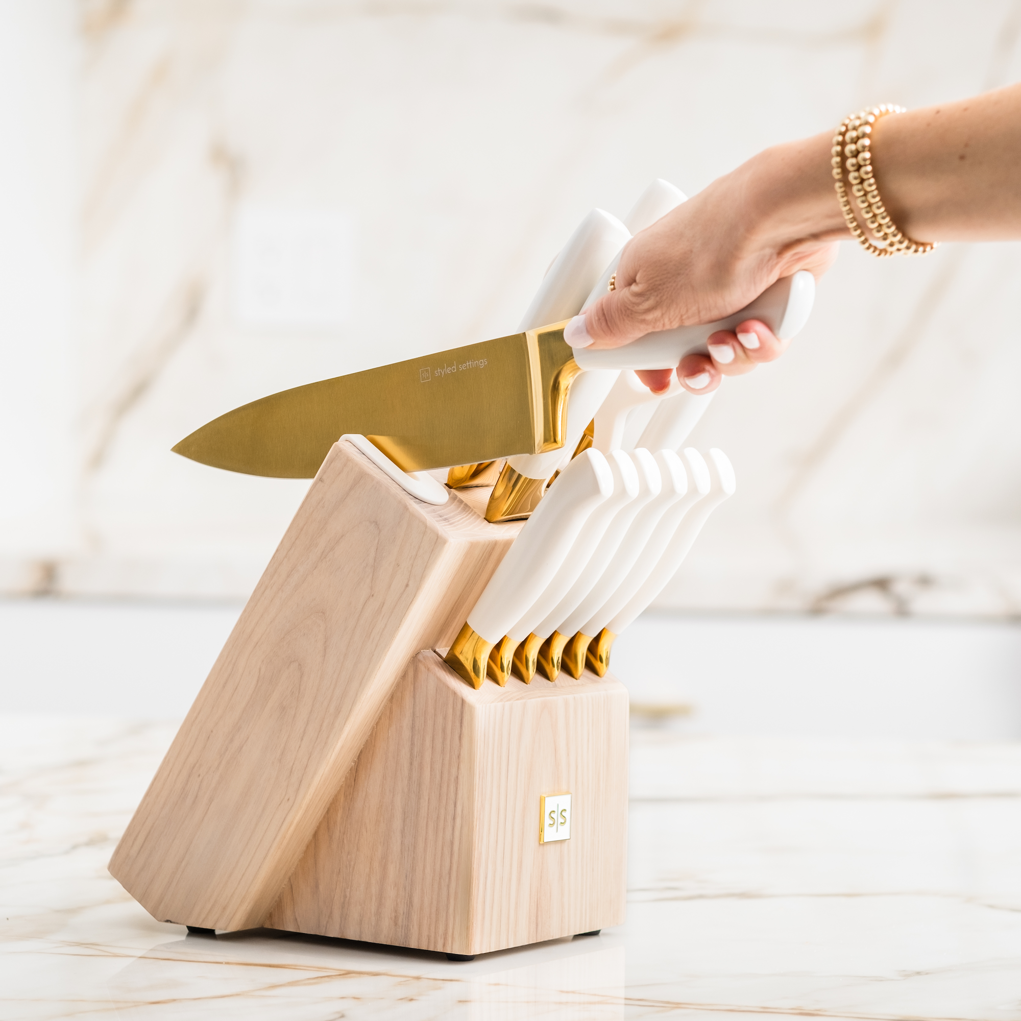 White and Gold Knife Set with Block- 6 PC White and Gold Kitchen Knife Set  with Magnetic Knife Holder Includes White and Gold Knives and Ashwood