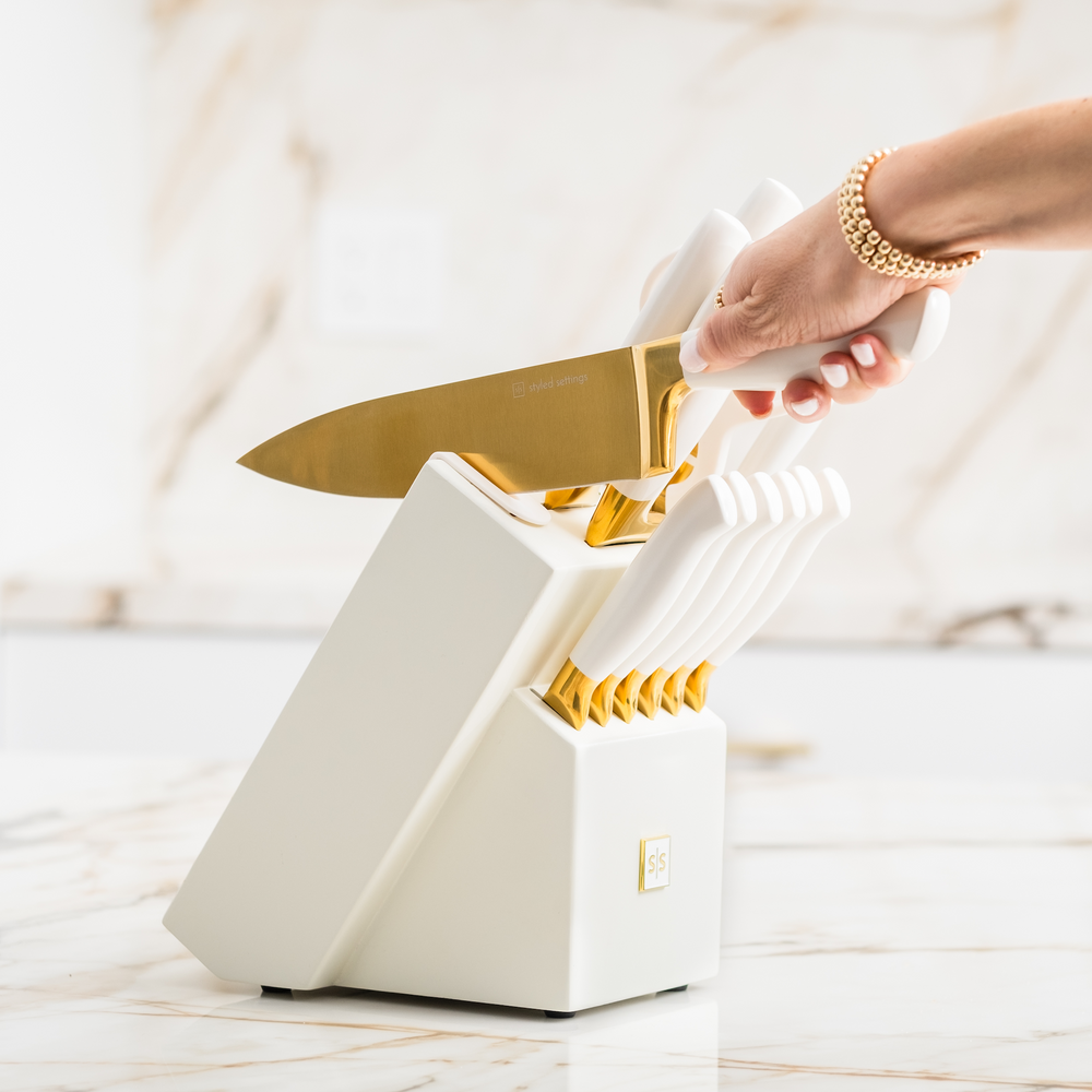 White and Gold Knife Set with White SelfSharpening Block