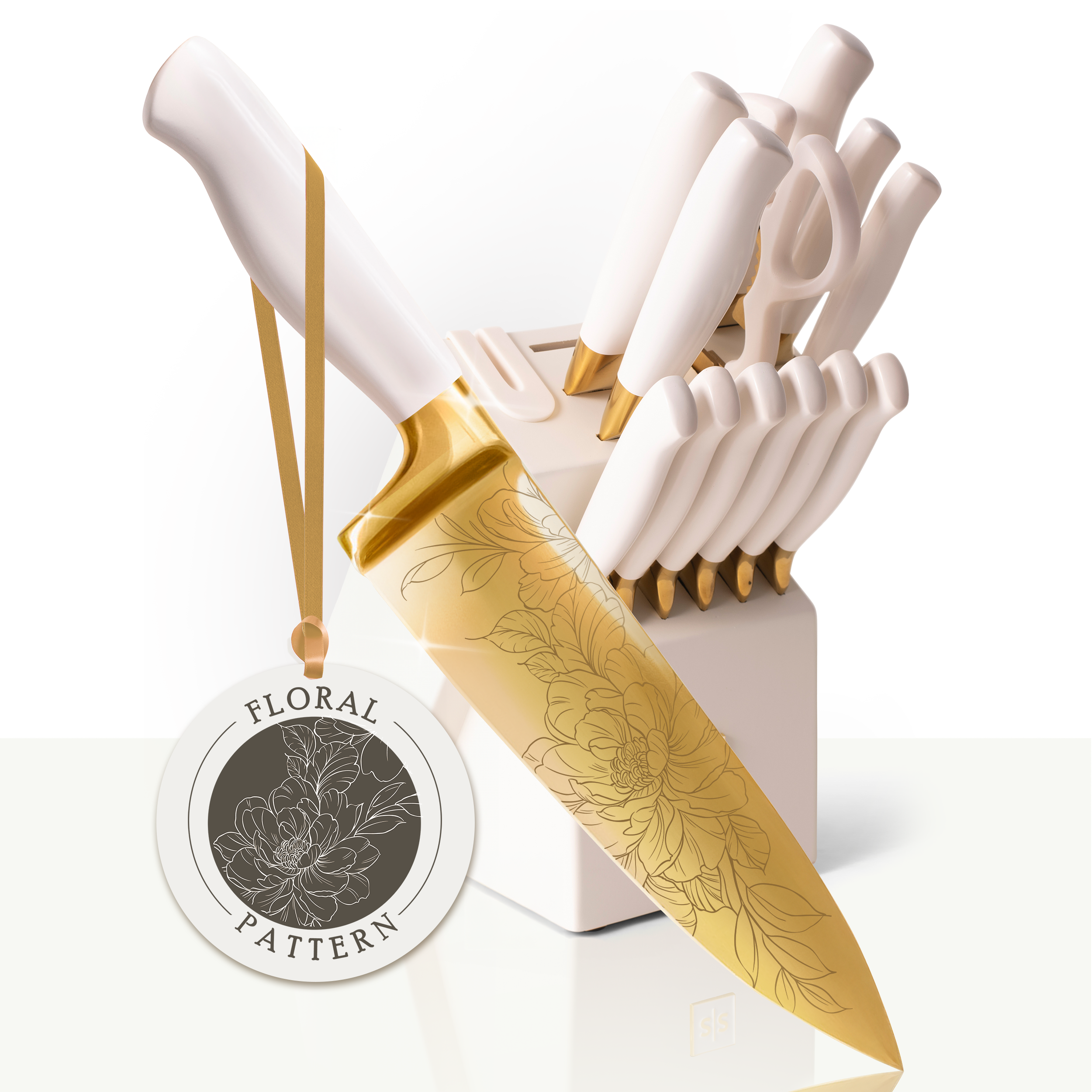 Patterned White and Gold Knife Set with White Self-Sharpening Block