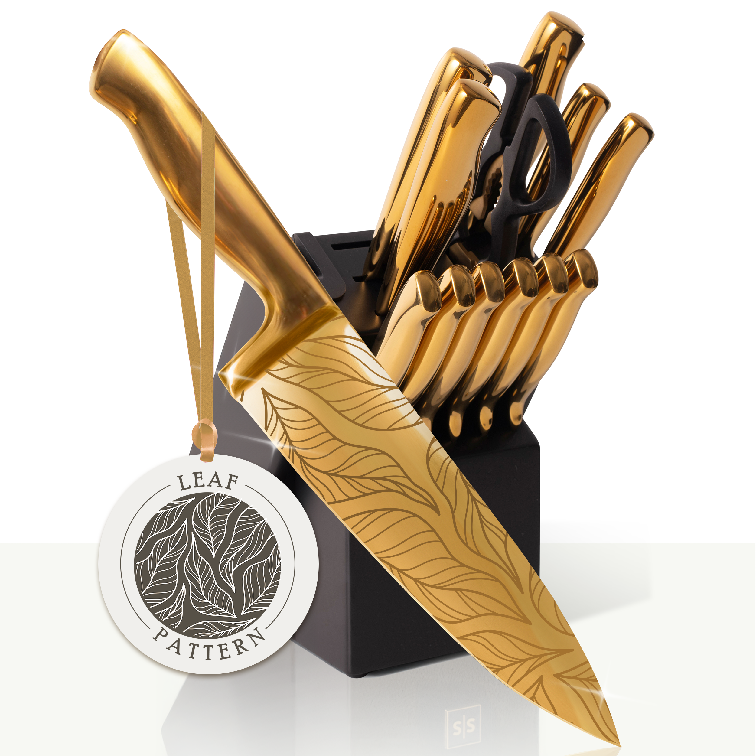 Patterned Gold Knife Set with Black Self-Sharpening Block