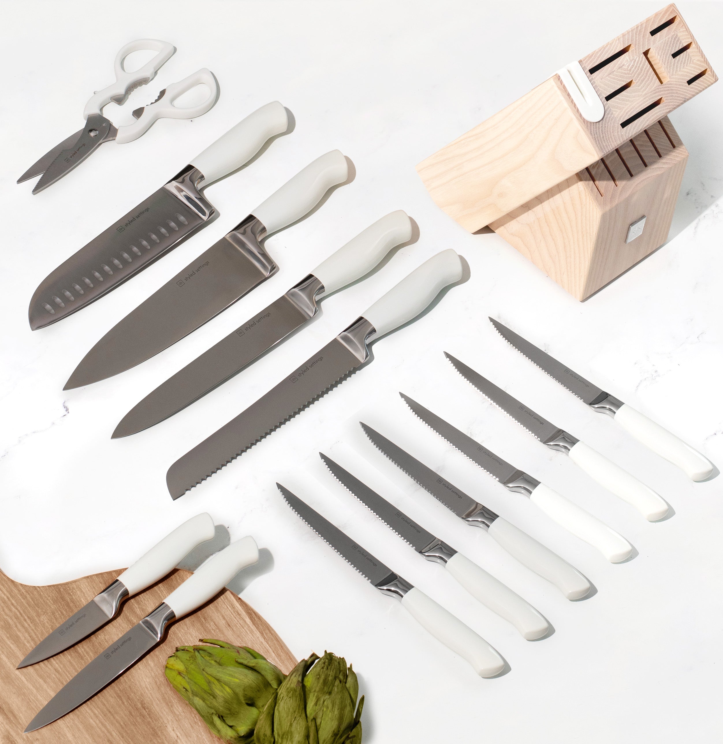 White and Silver Knife Set with Ashwood Self-Sharpening Block