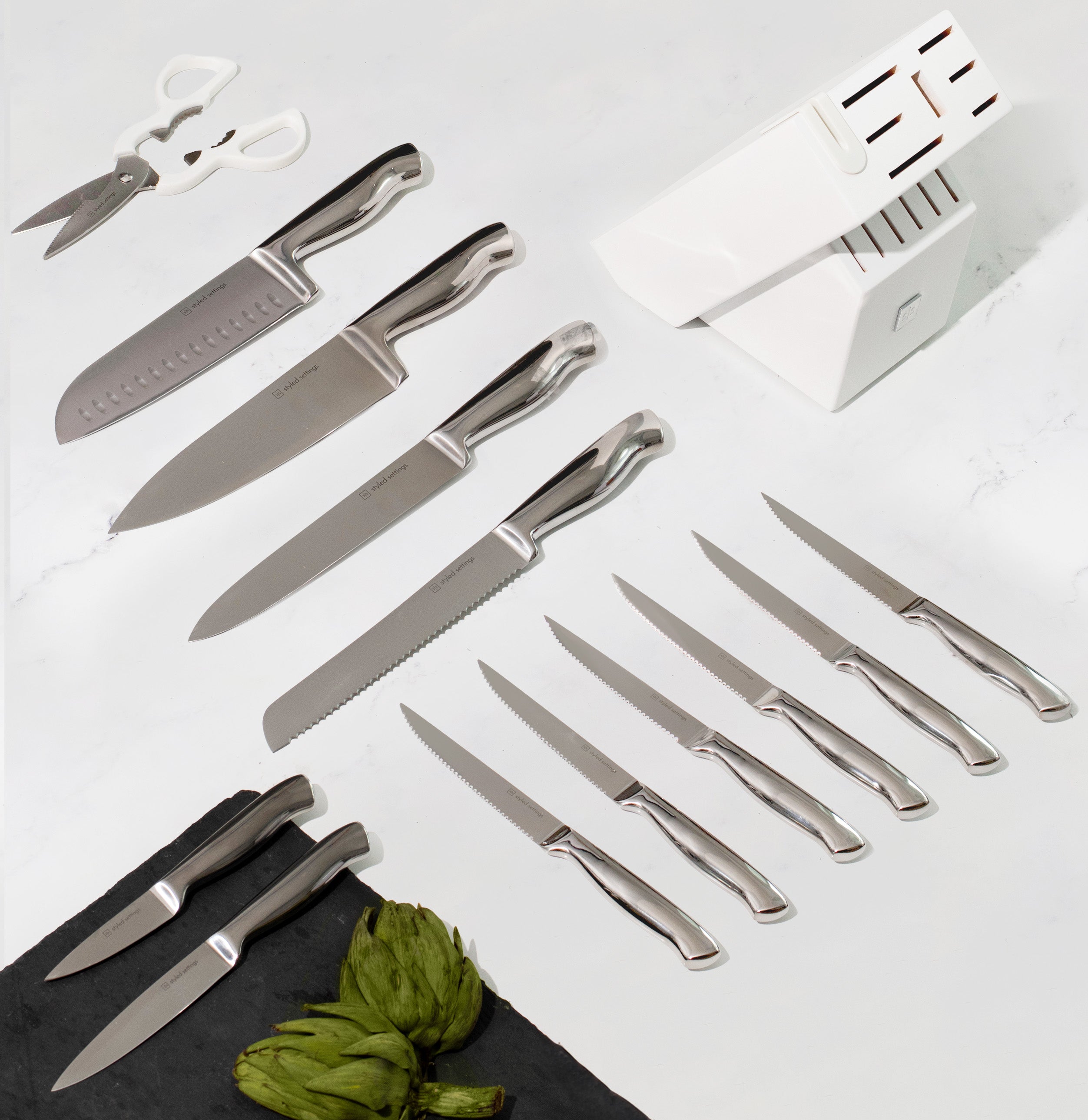 Silver Knife Set with White Self-Sharpening Block