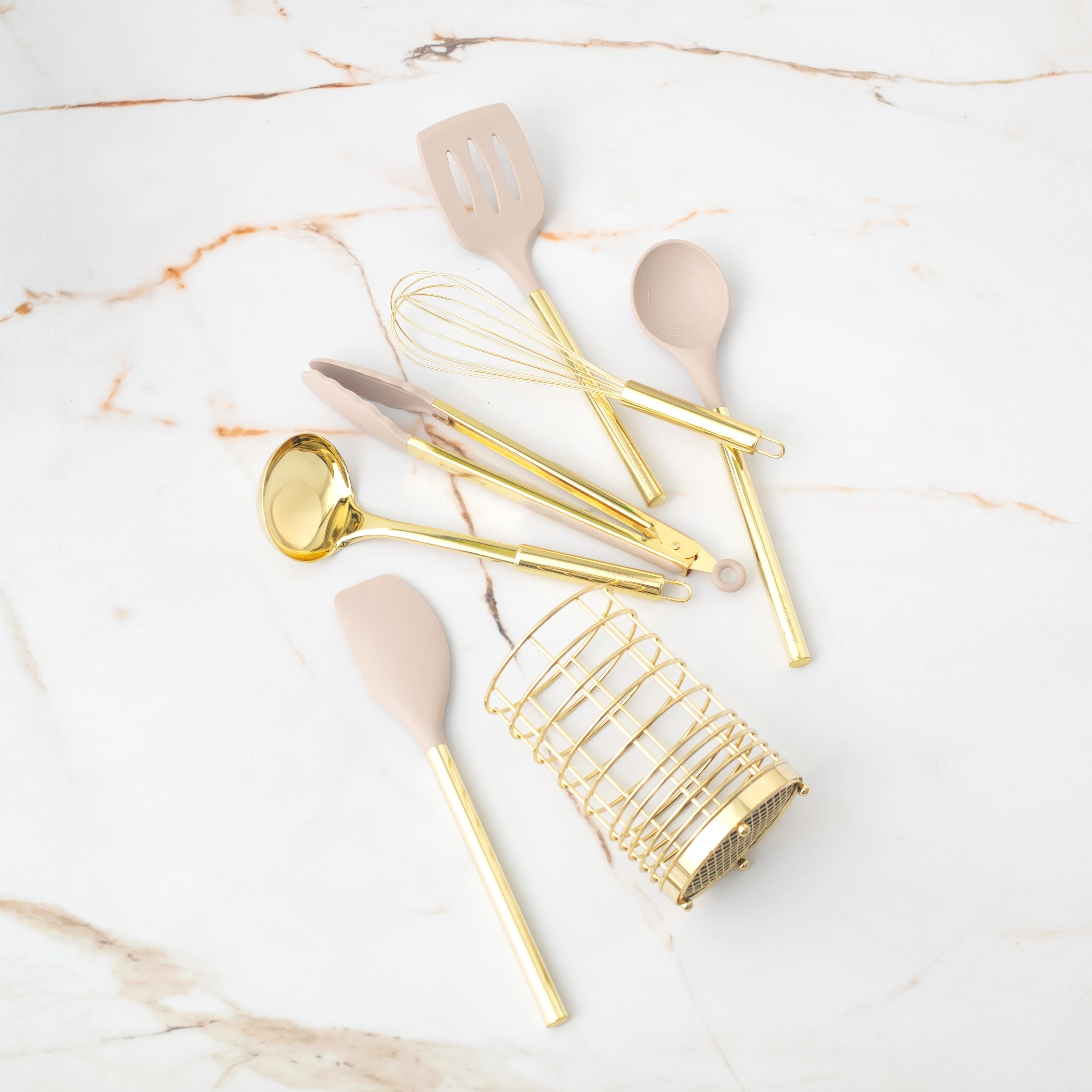 Beige and Light Gold Kitchen Utensils Set with Holder