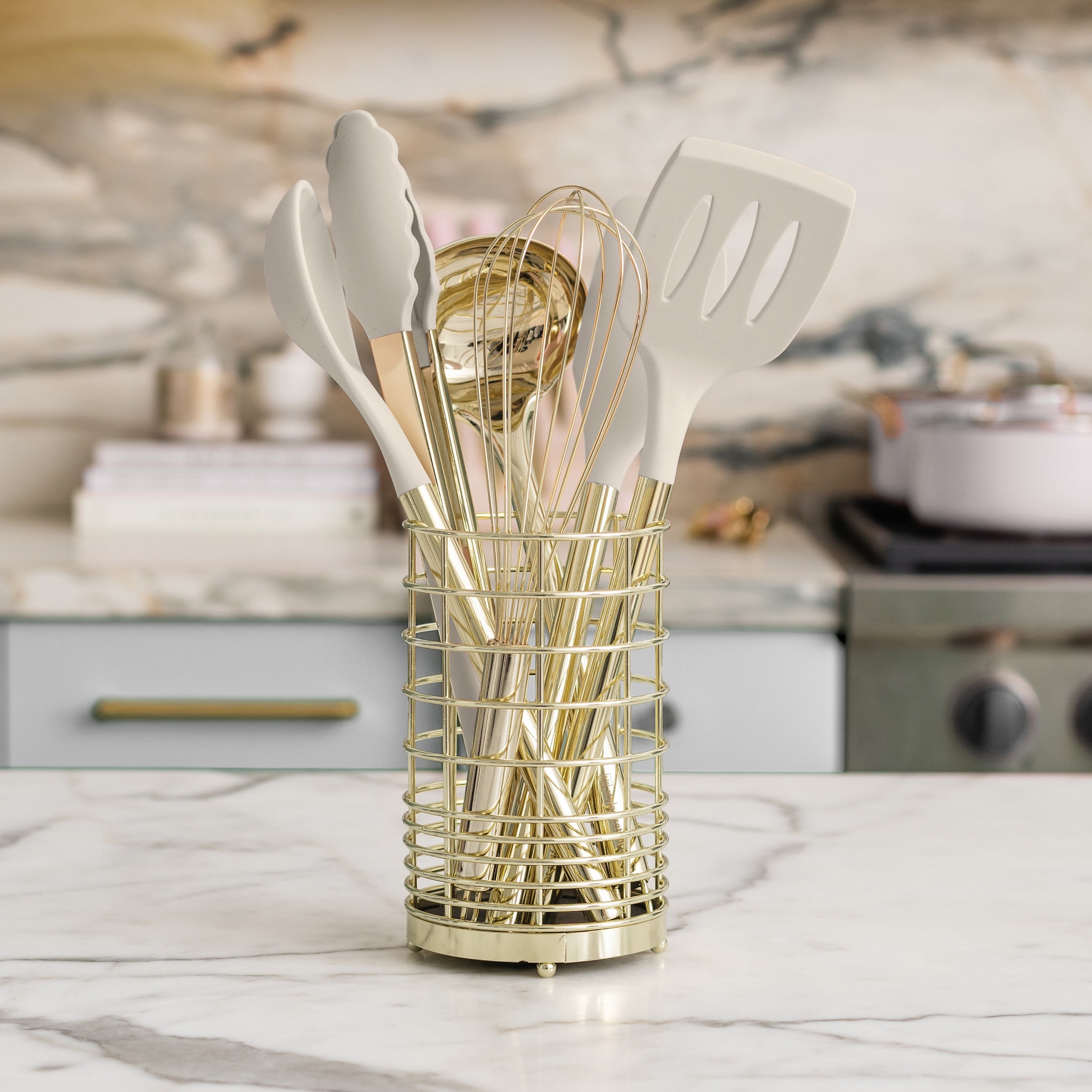 Beige and Light Gold Kitchen Utensils Set with Holder