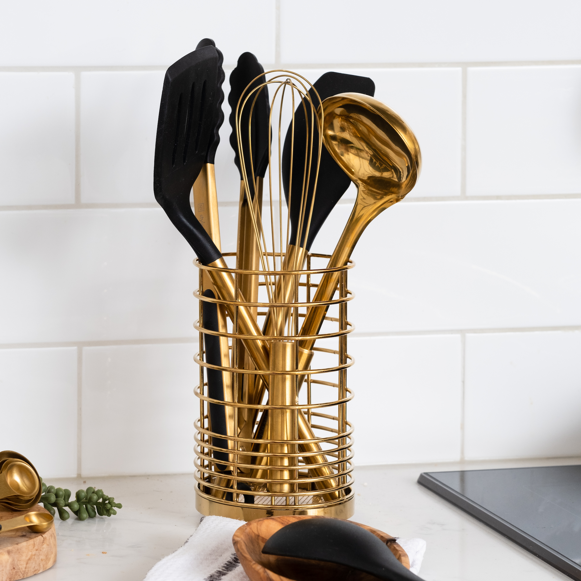 Black and Gold Kitchen Utensils Set with Holder - Styled Settings