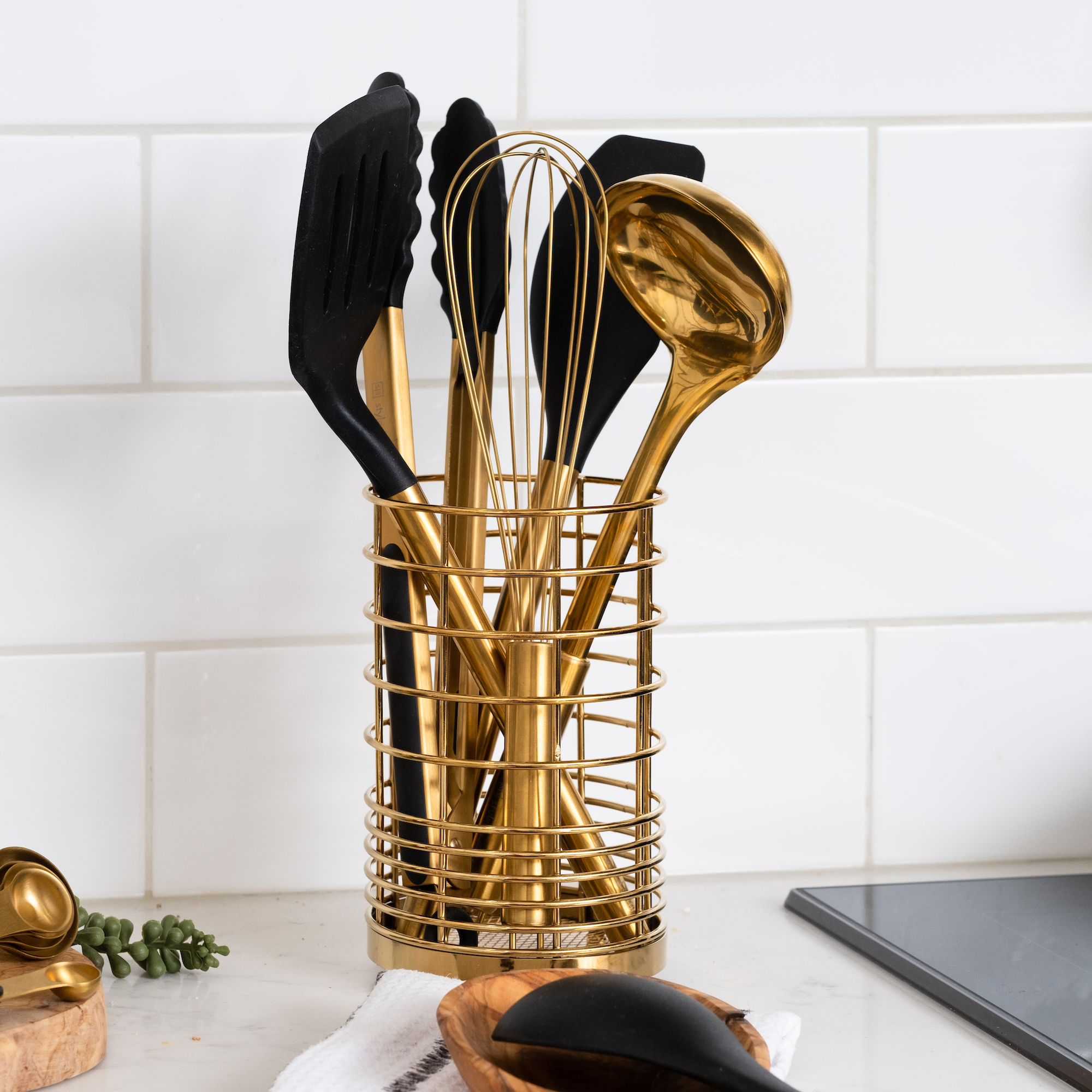 Styled Settings Gold & Navy Blue Silicone Kitchen Utensils Set with Holder  