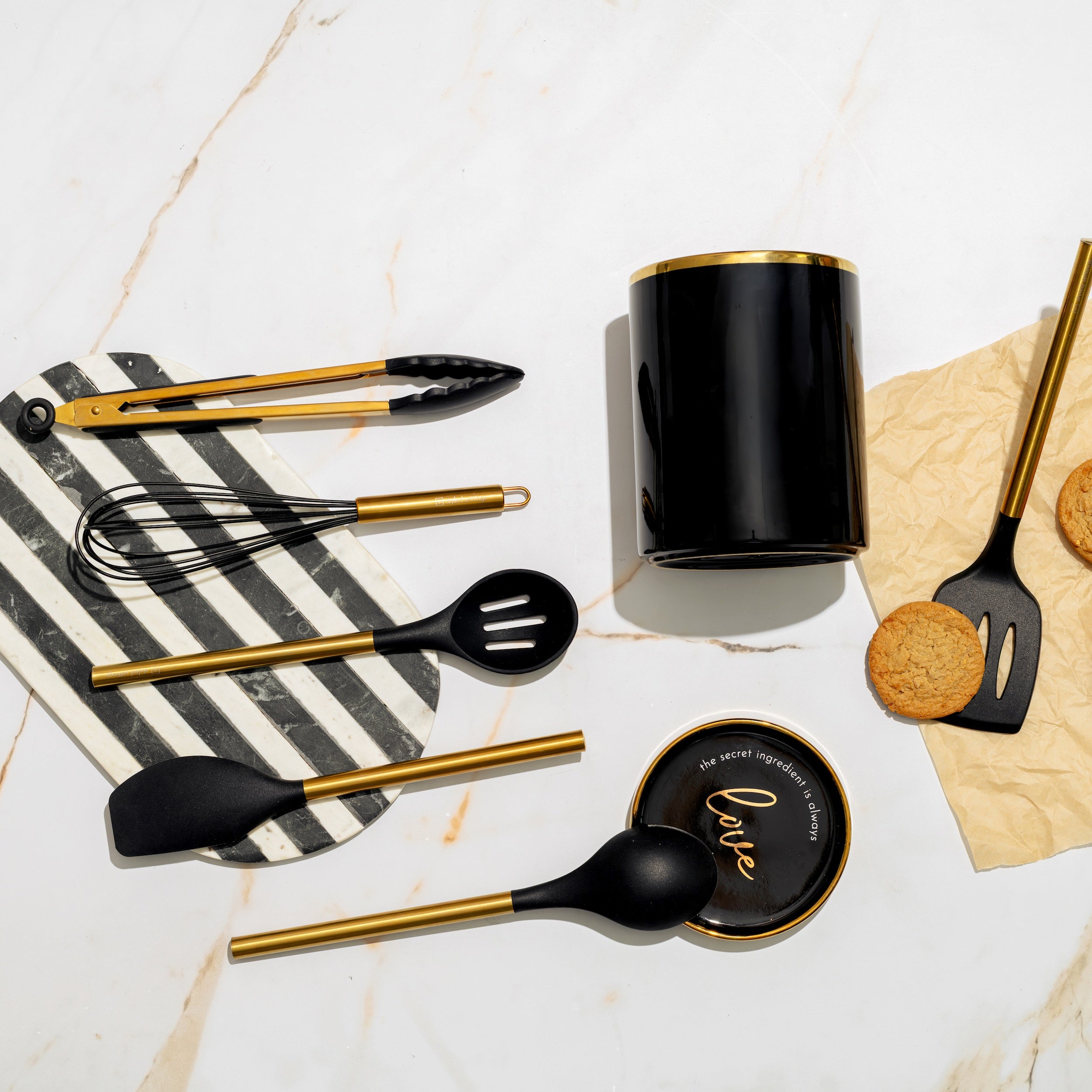Black and Gold Kitchen Utensils and Black Utensil Holder with Built-in Spoon Rest