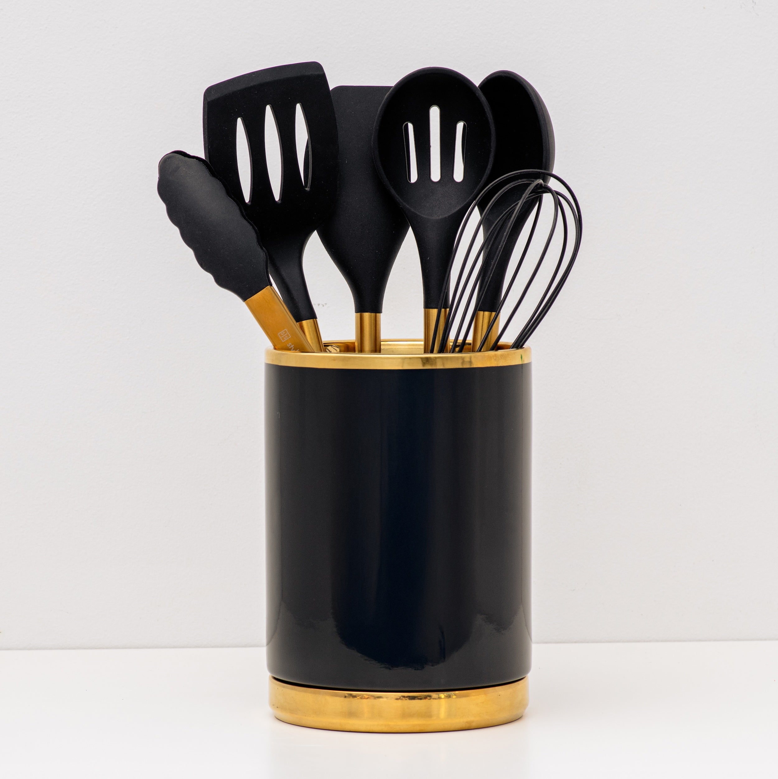 Black and Gold Kitchen Utensils and Black Utensil Holder with Built-in Spoon Rest