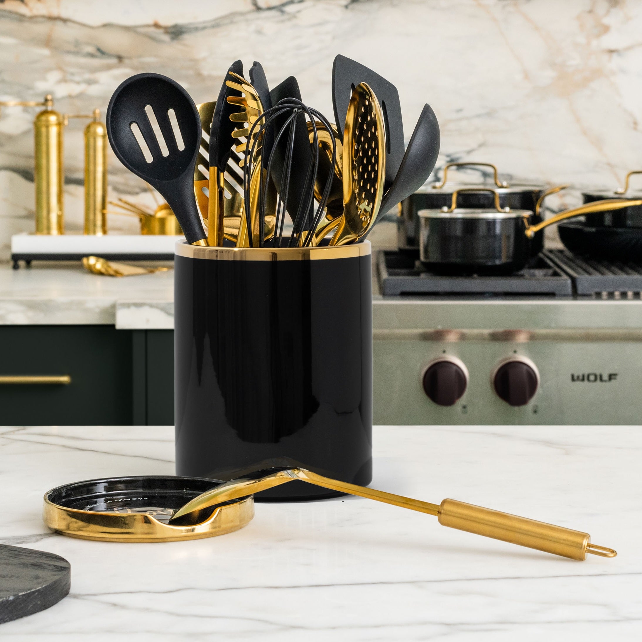 Black and Gold Utensil Holder with Built-in Spoon Rest