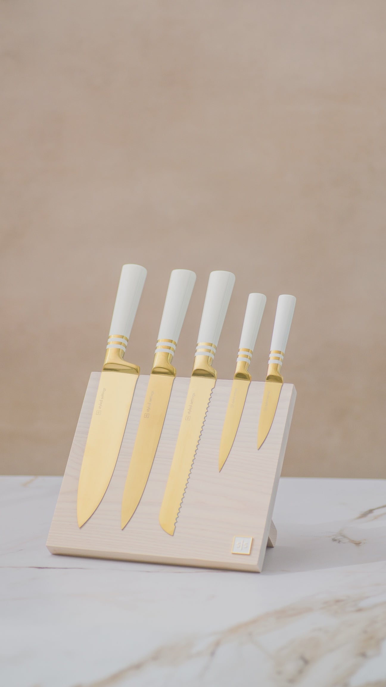 White and Gold Knife Set with Knife Block