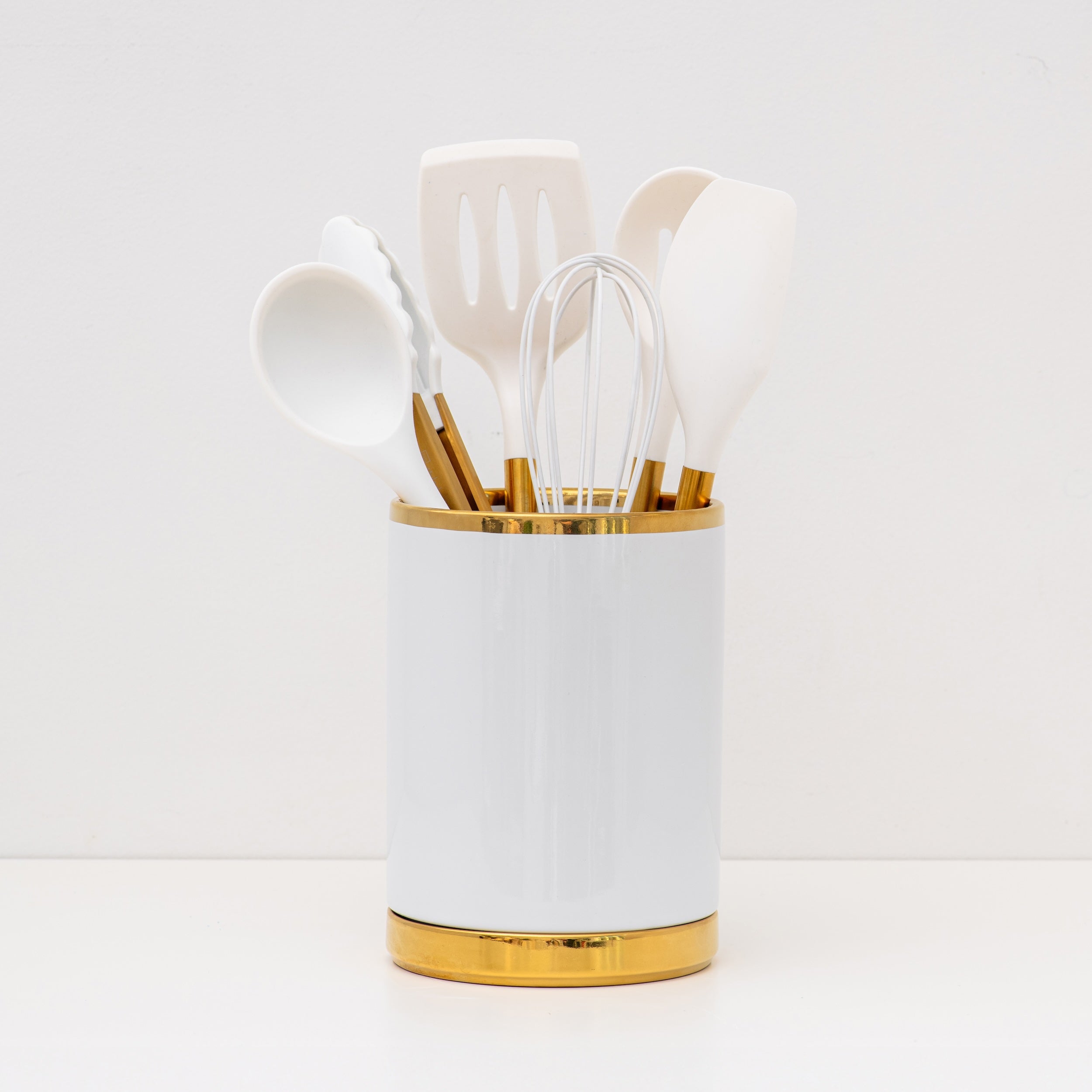 White and Gold Kitchen Utensils and White Utensil Holder with Built-in Spoon Rest